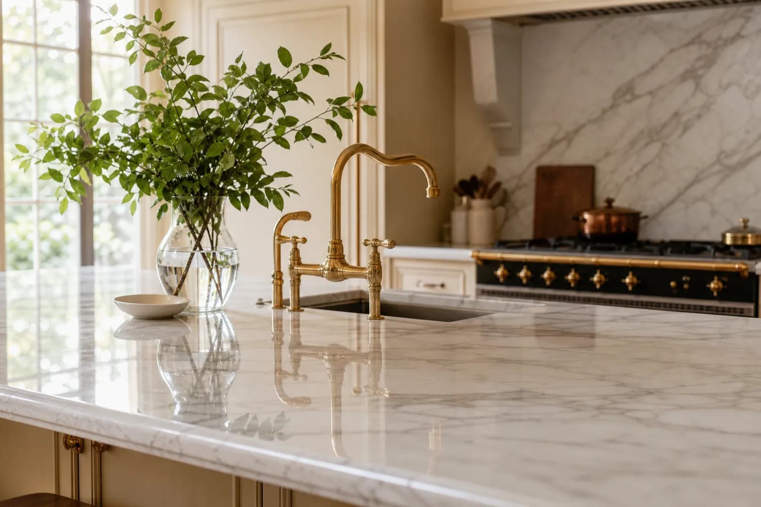 Marble kitchen countertop with its polish restored