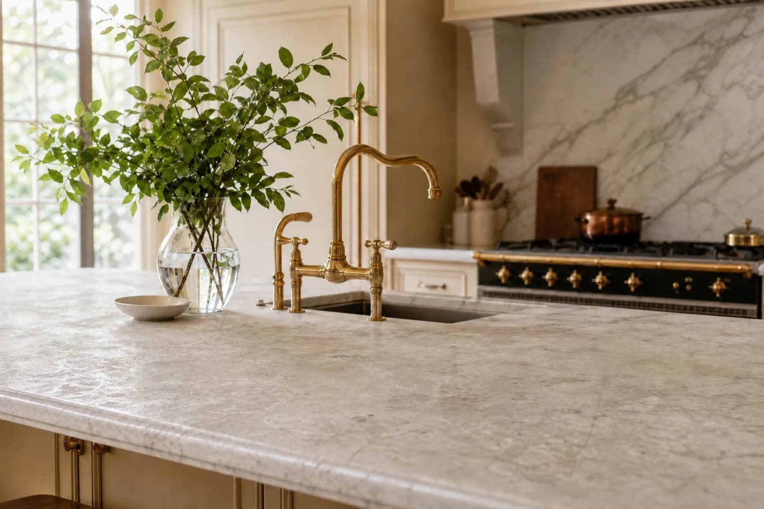 Marble kitchen countertop dulled by wear