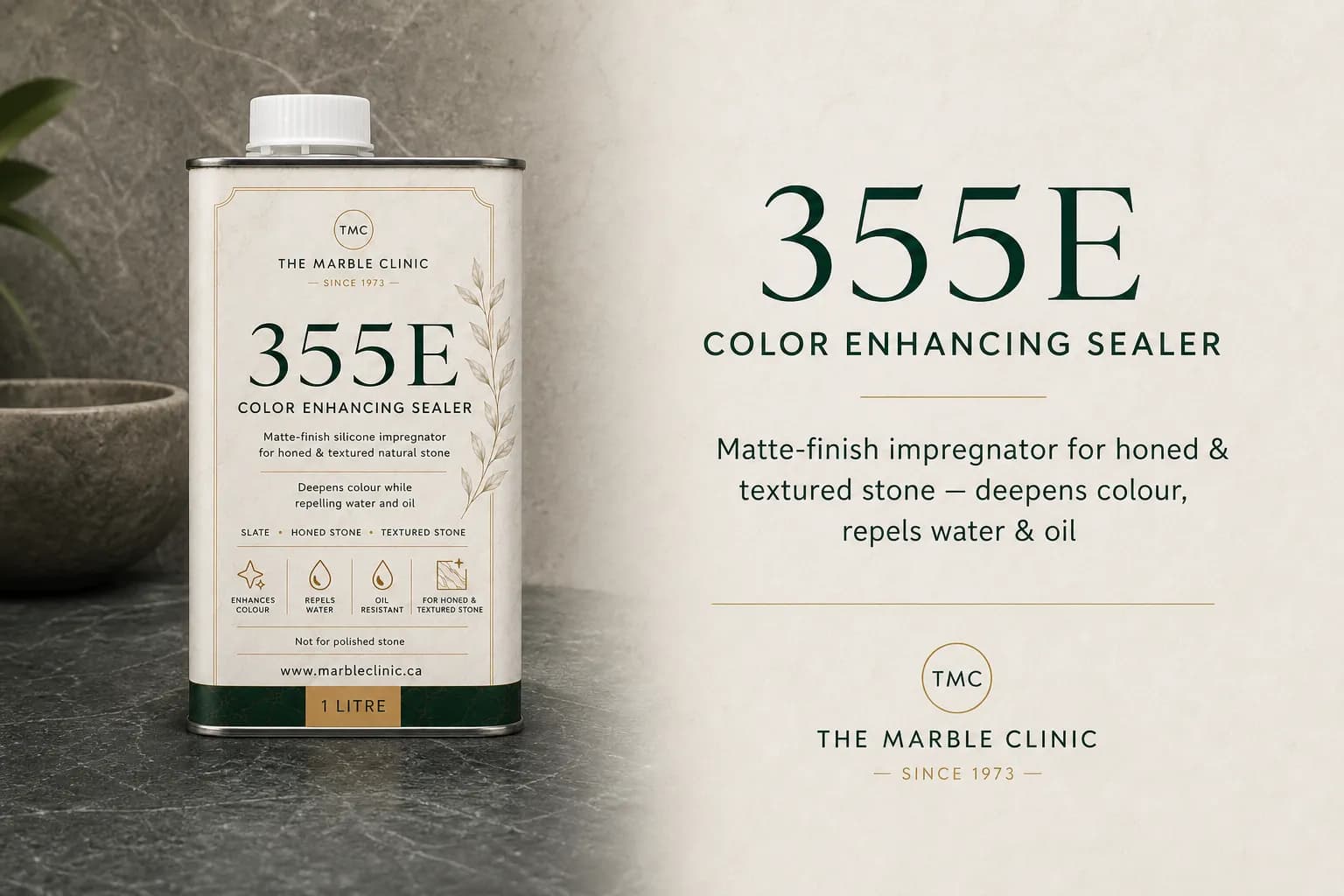 355E Color Enhancing Sealer, a matte sealer for honed and textured stone