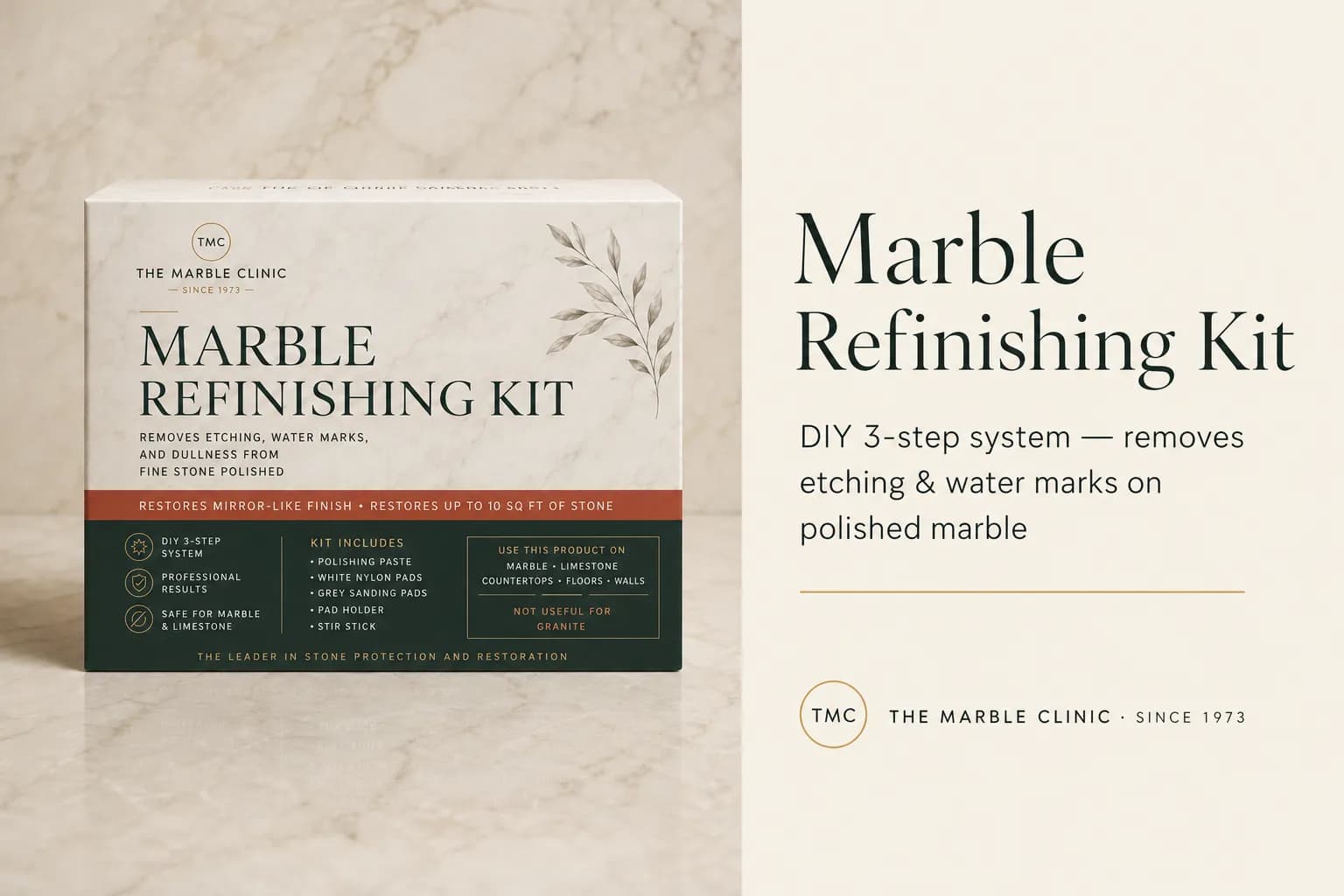 Marble Refinishing Kit, a DIY 3-step kit for etching and water marks on polished marble