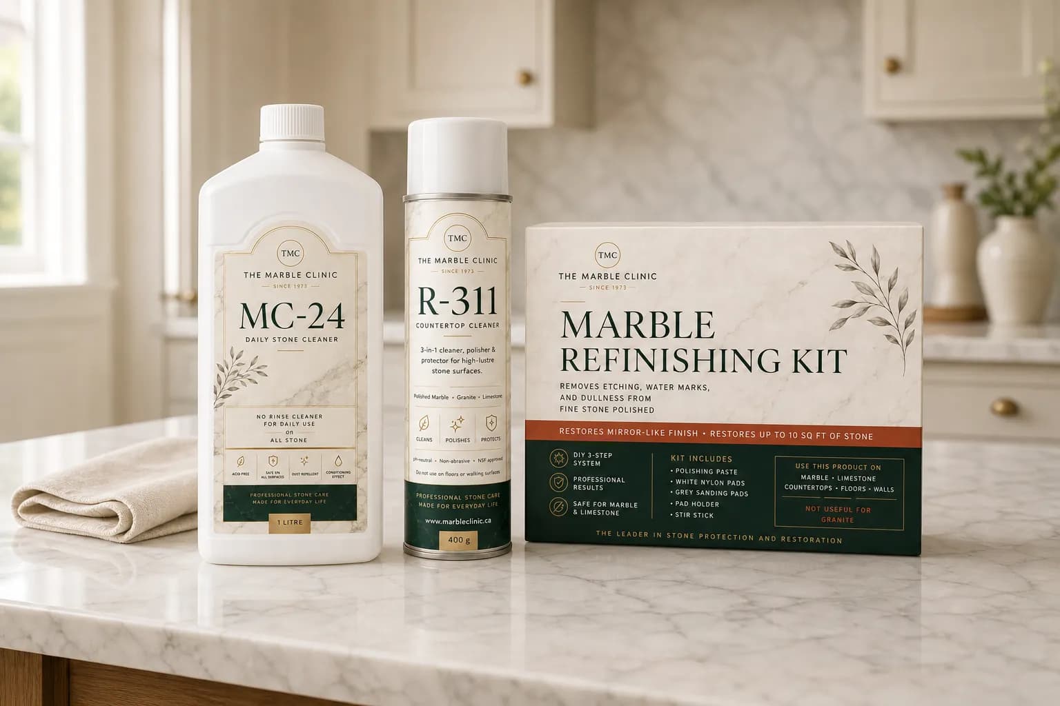 MC 24 daily cleaner, R-311 countertop spray, and Marble Refinishing Kit from The Marble Clinic stone care system