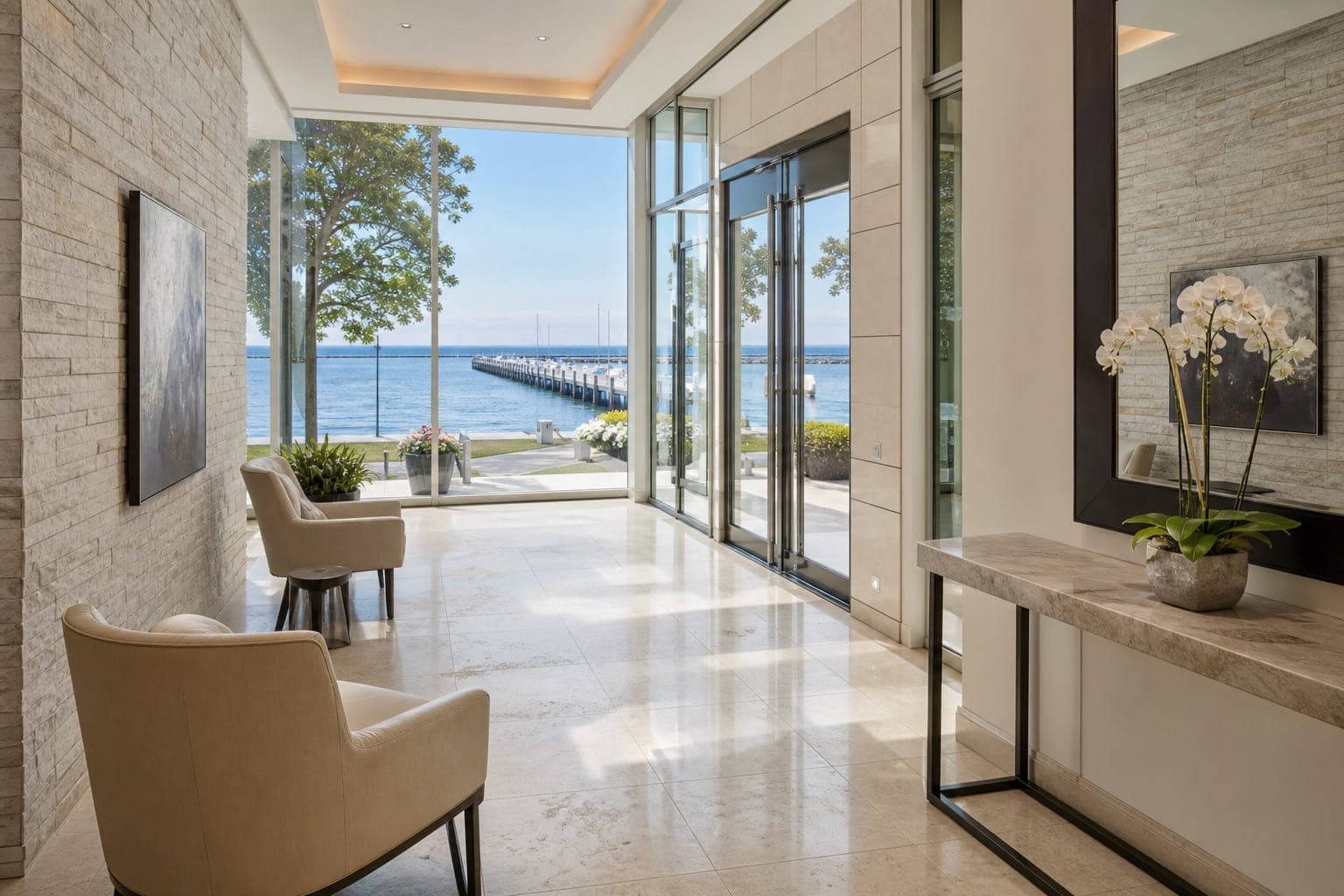 Polished limestone foyer floor in a Burlington waterfront condo with lake views through the entry