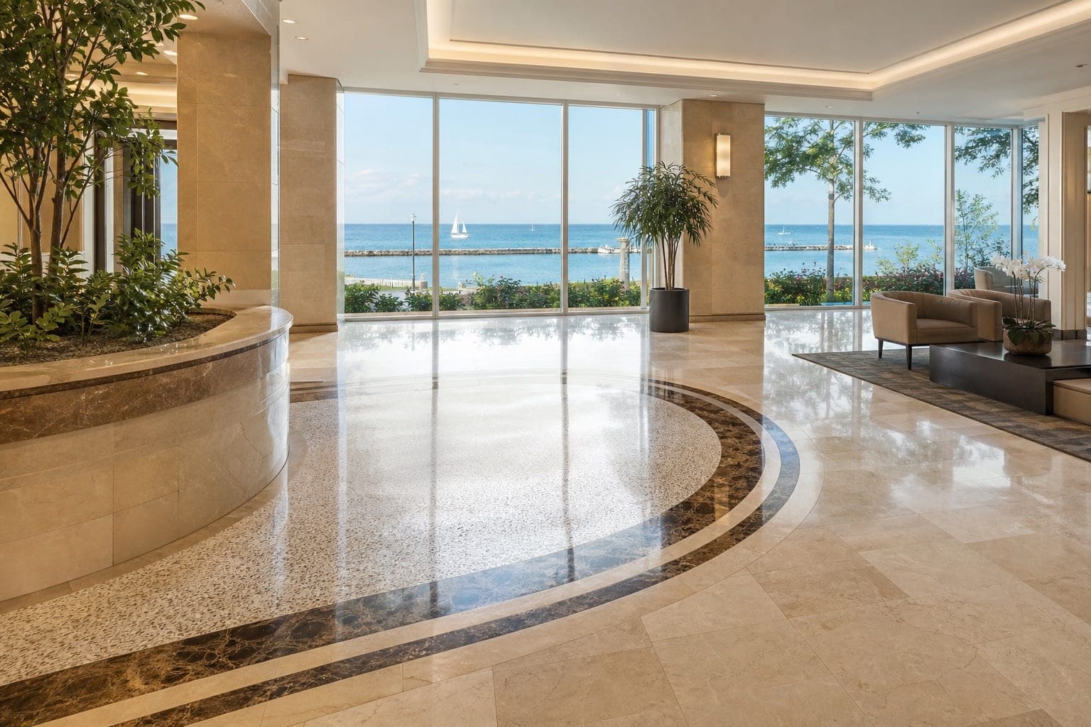 Marble and terrazzo condo lobby in Etobicoke with Lake Ontario waterfront visible through glass