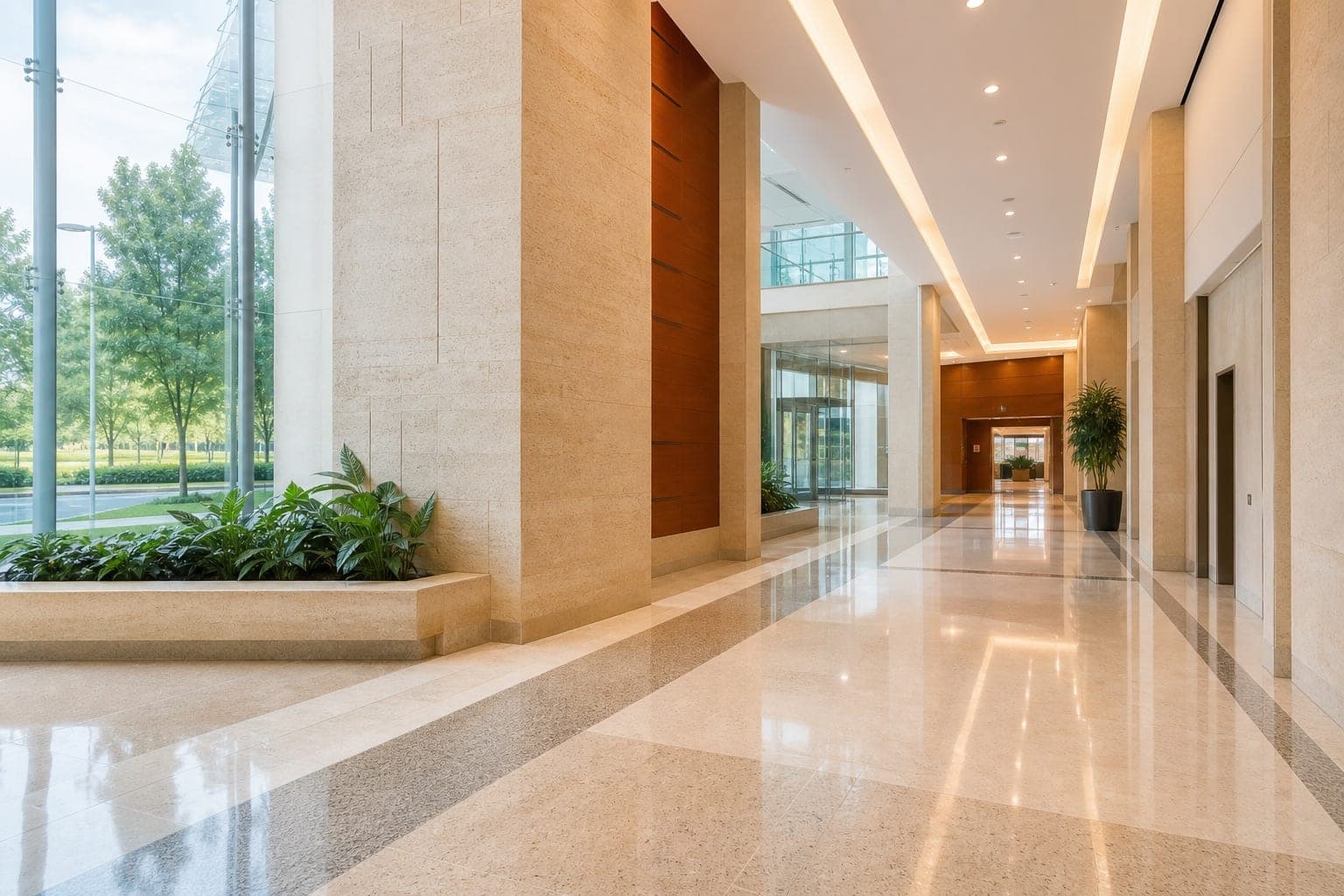 Polished terrazzo and granite lobby floor in a Markham office campus along the Highway 7 corridor