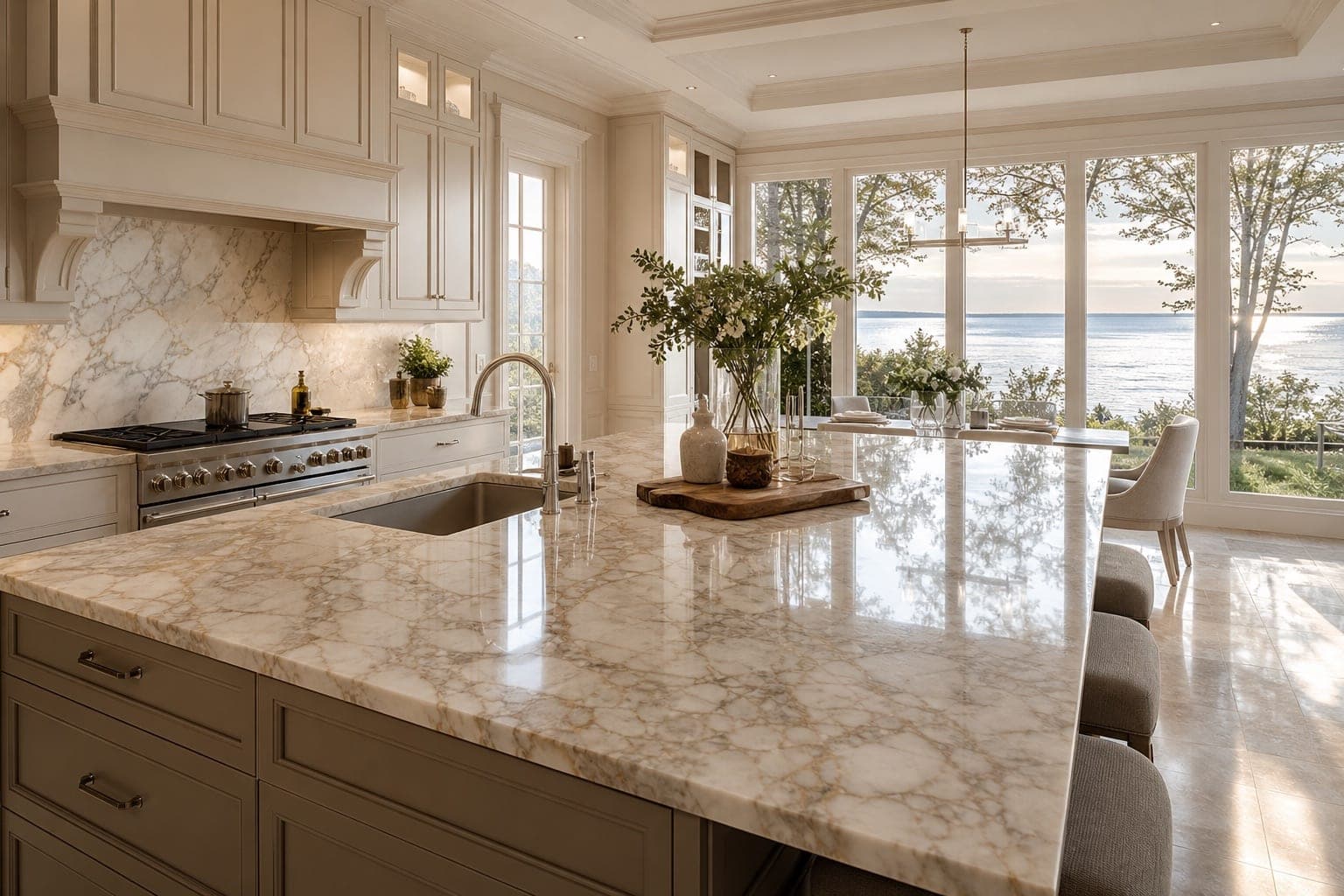 Wide polished marble kitchen island in an Oakville lakefront home with soft natural light