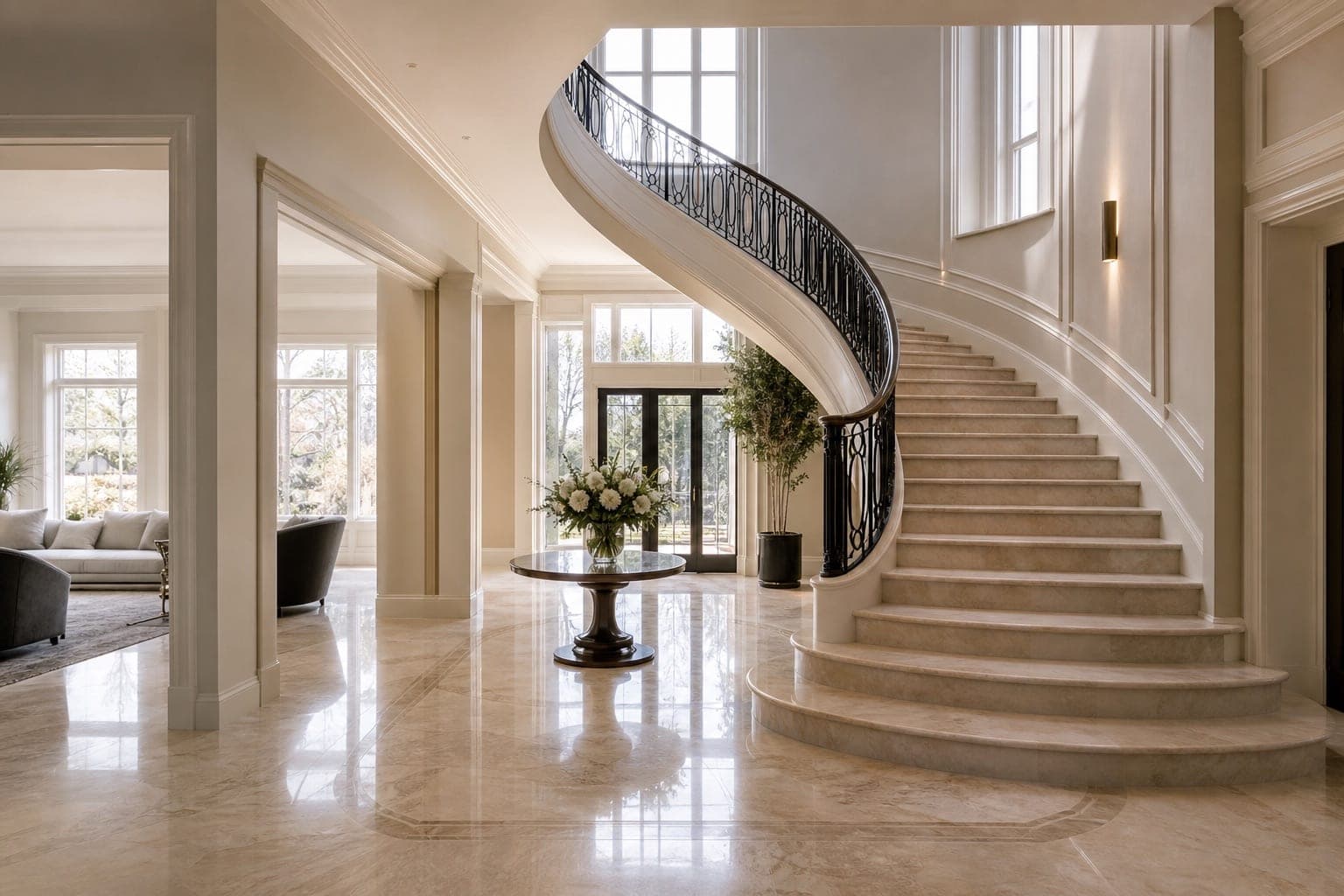 Curved marble staircase and polished entry floor in a Richmond Hill custom home along the Yonge corridor