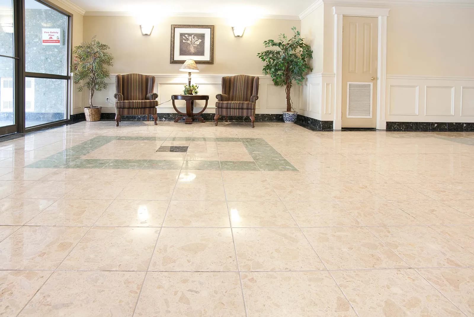 Polished stone floor in an apartment building lobby