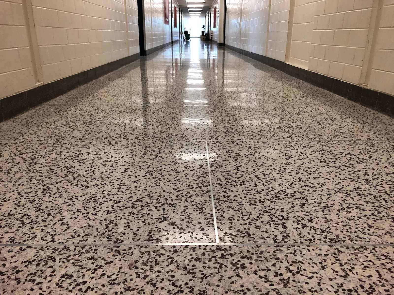 Polished terrazzo corridor floor in a school