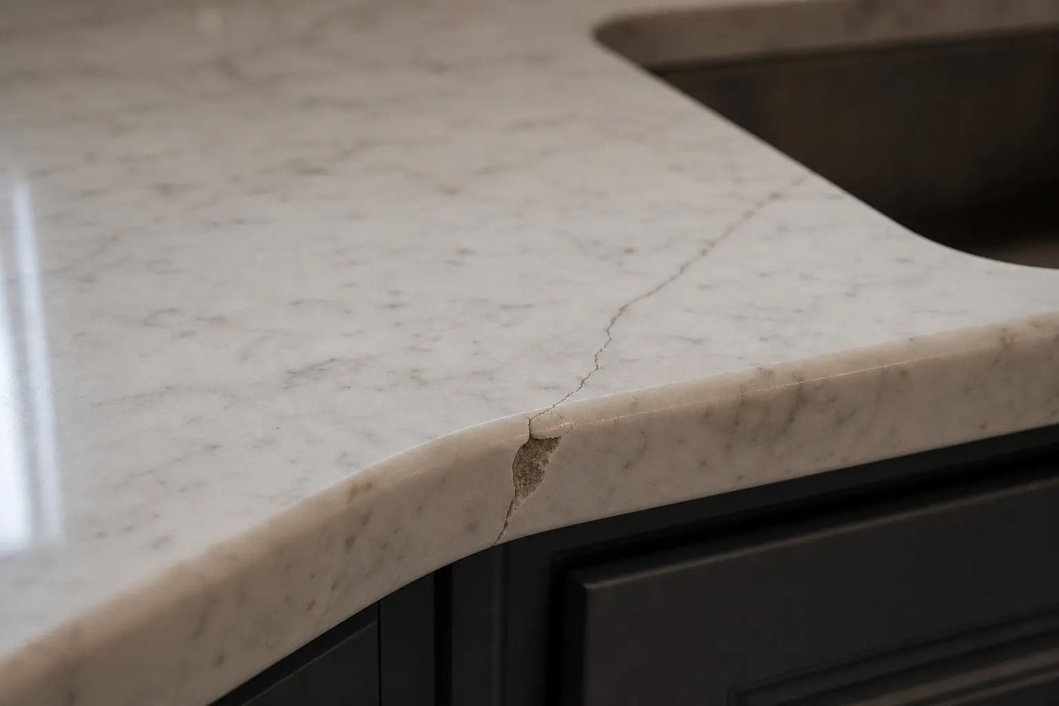 Chipped corner and hairline crack on a marble countertop edge