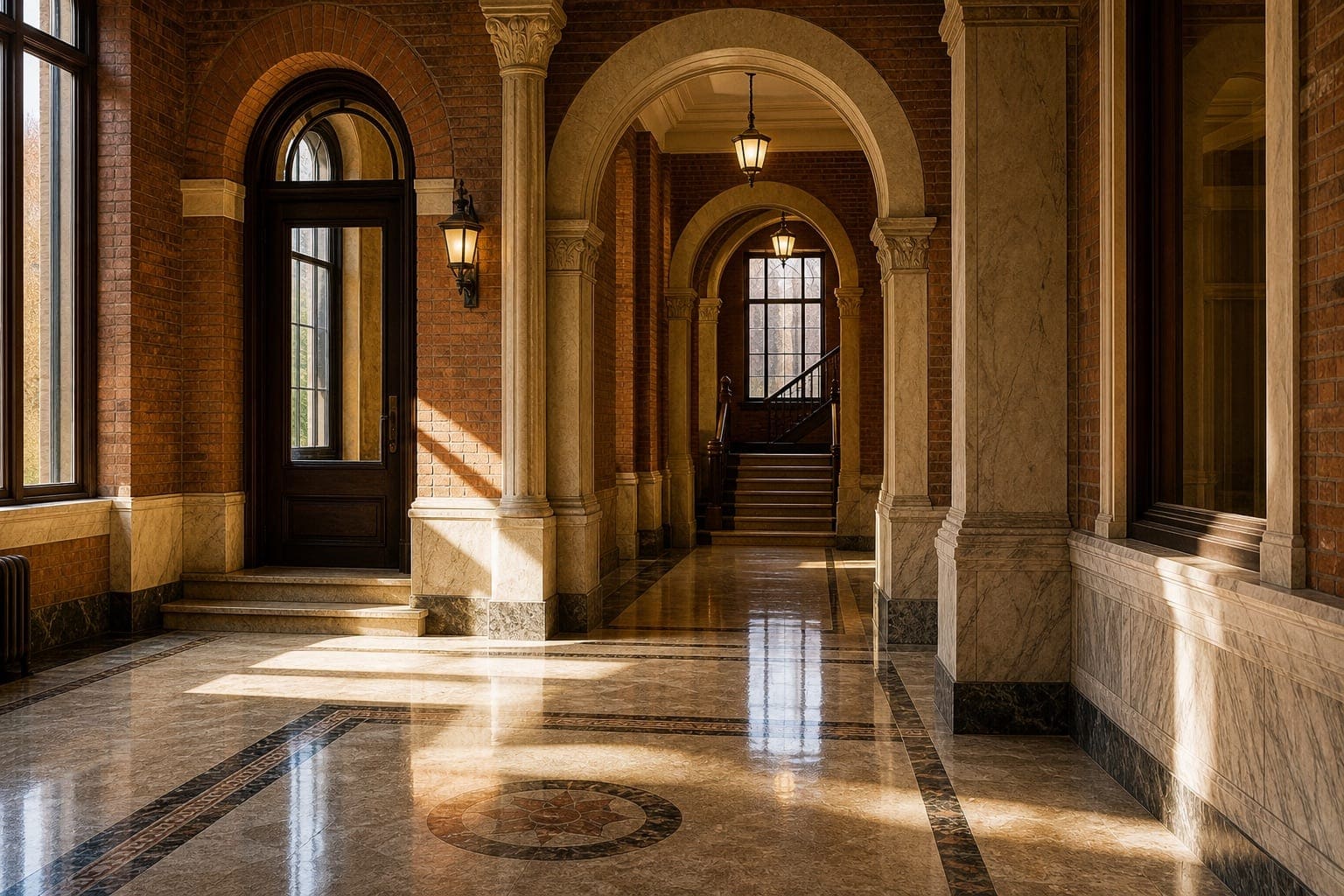 Restored marble and terrazzo entry floor in a heritage downtown Hamilton building