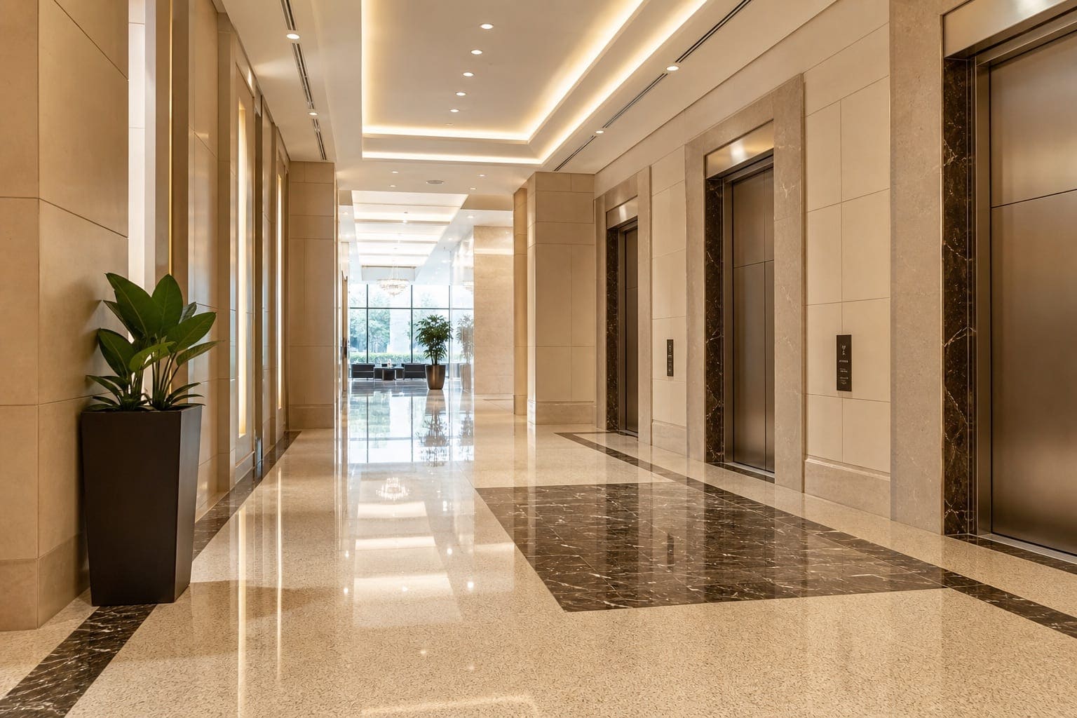 Polished terrazzo and marble lobby corridor in a Mississauga commercial building