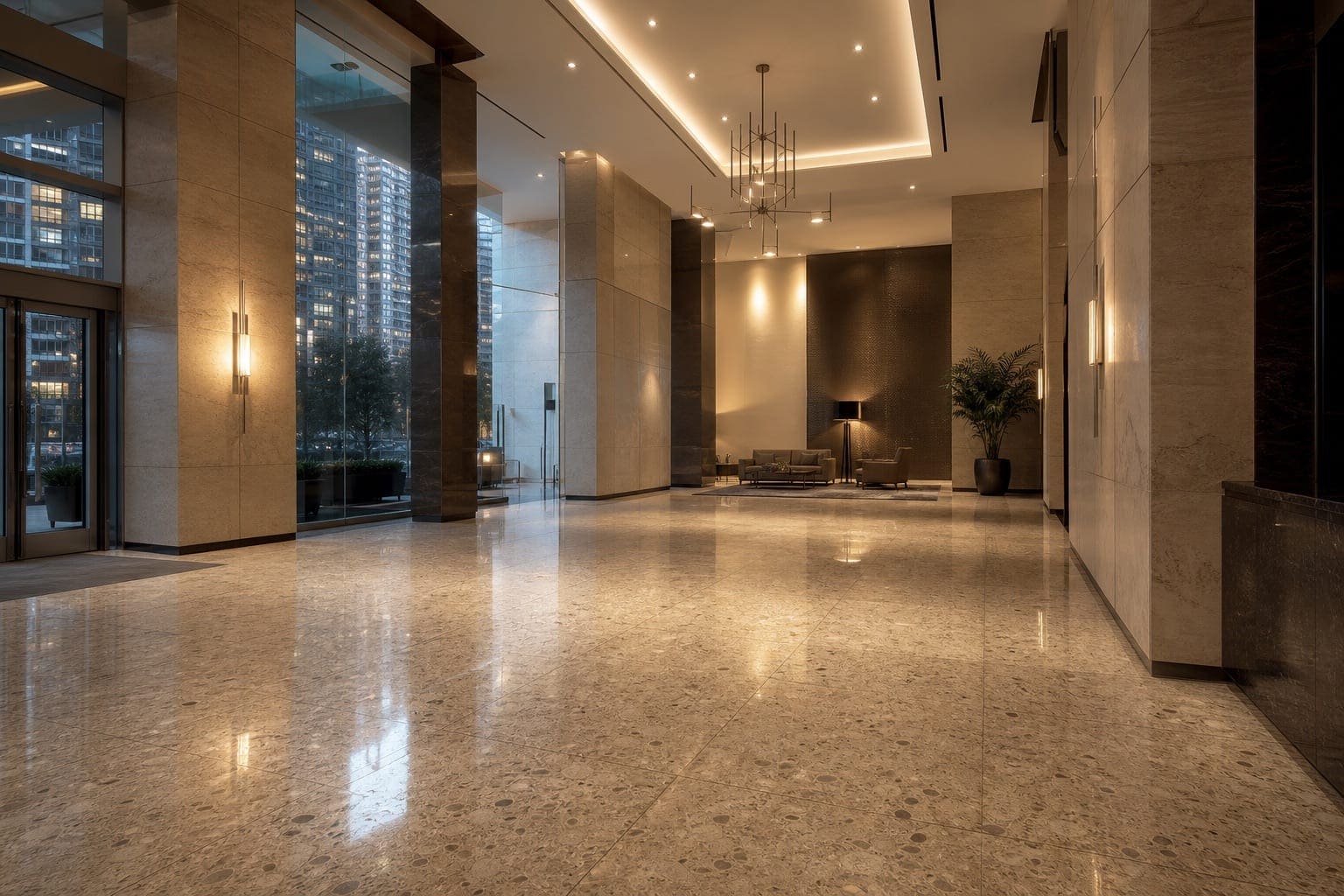 Expansive polished terrazzo floor in a North York high-rise condo lobby near Yonge and Sheppard