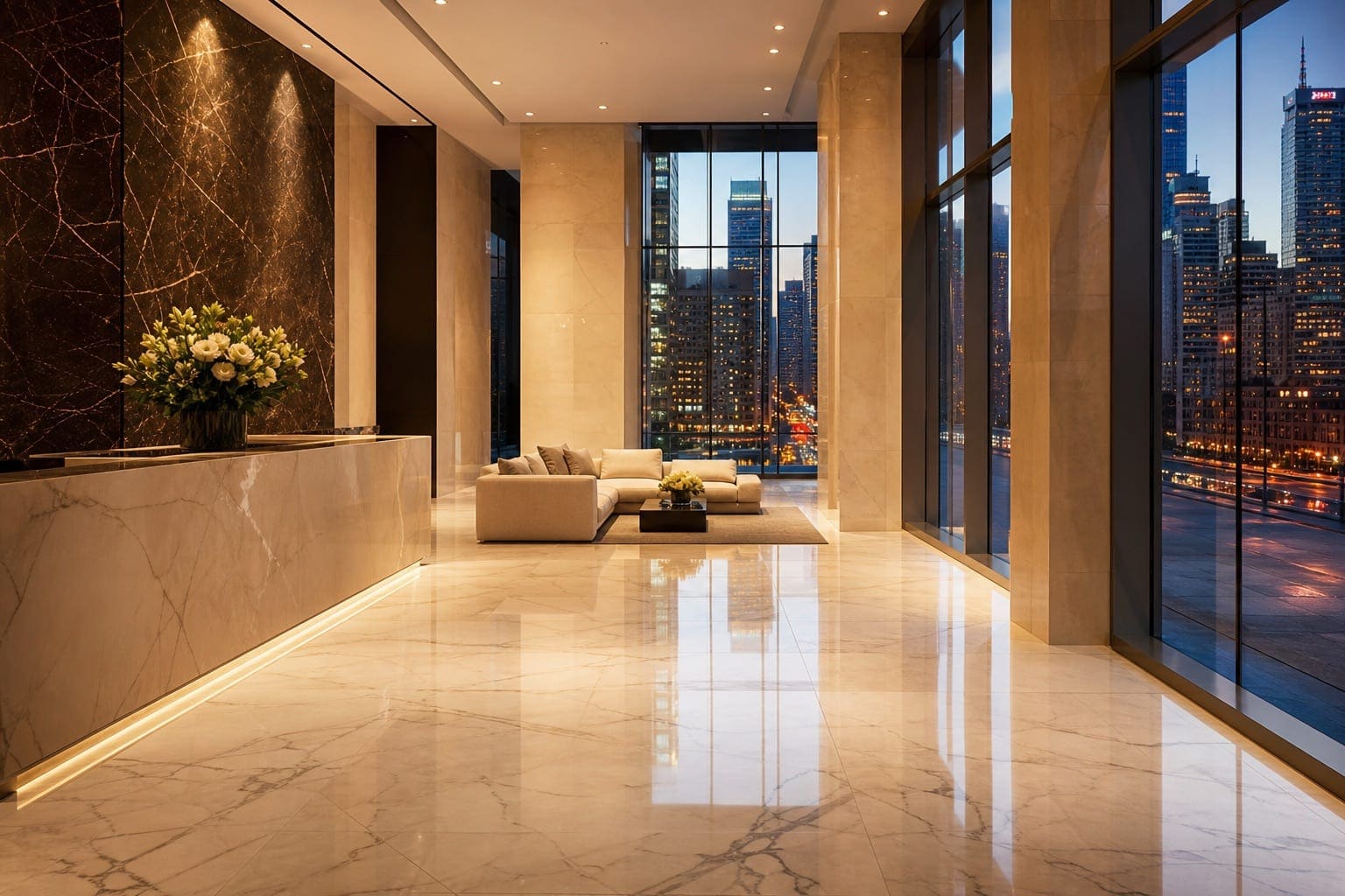 Mirror-polished marble condo lobby floor in downtown Toronto with city skyline visible through glass