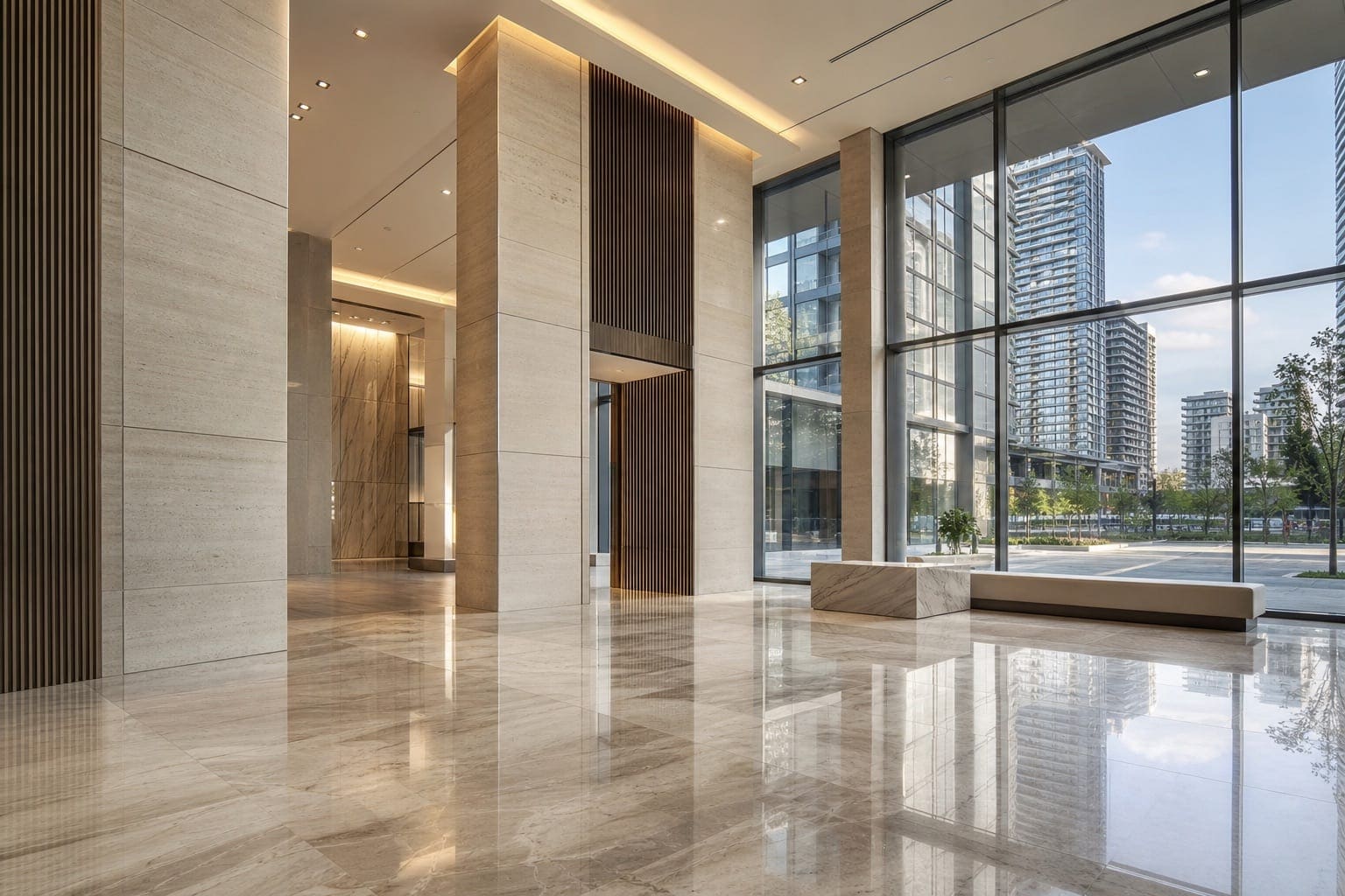 Sleek polished marble floor in a Vaughan Metropolitan Centre condo tower lobby