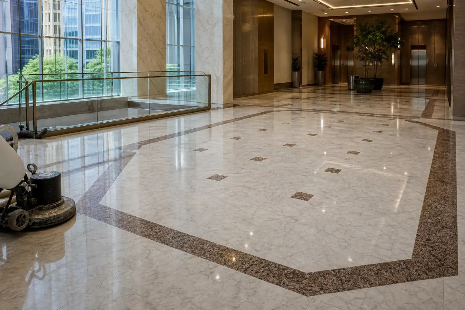Polished marble and terrazzo lobby floor restored in a Greater Toronto Area building