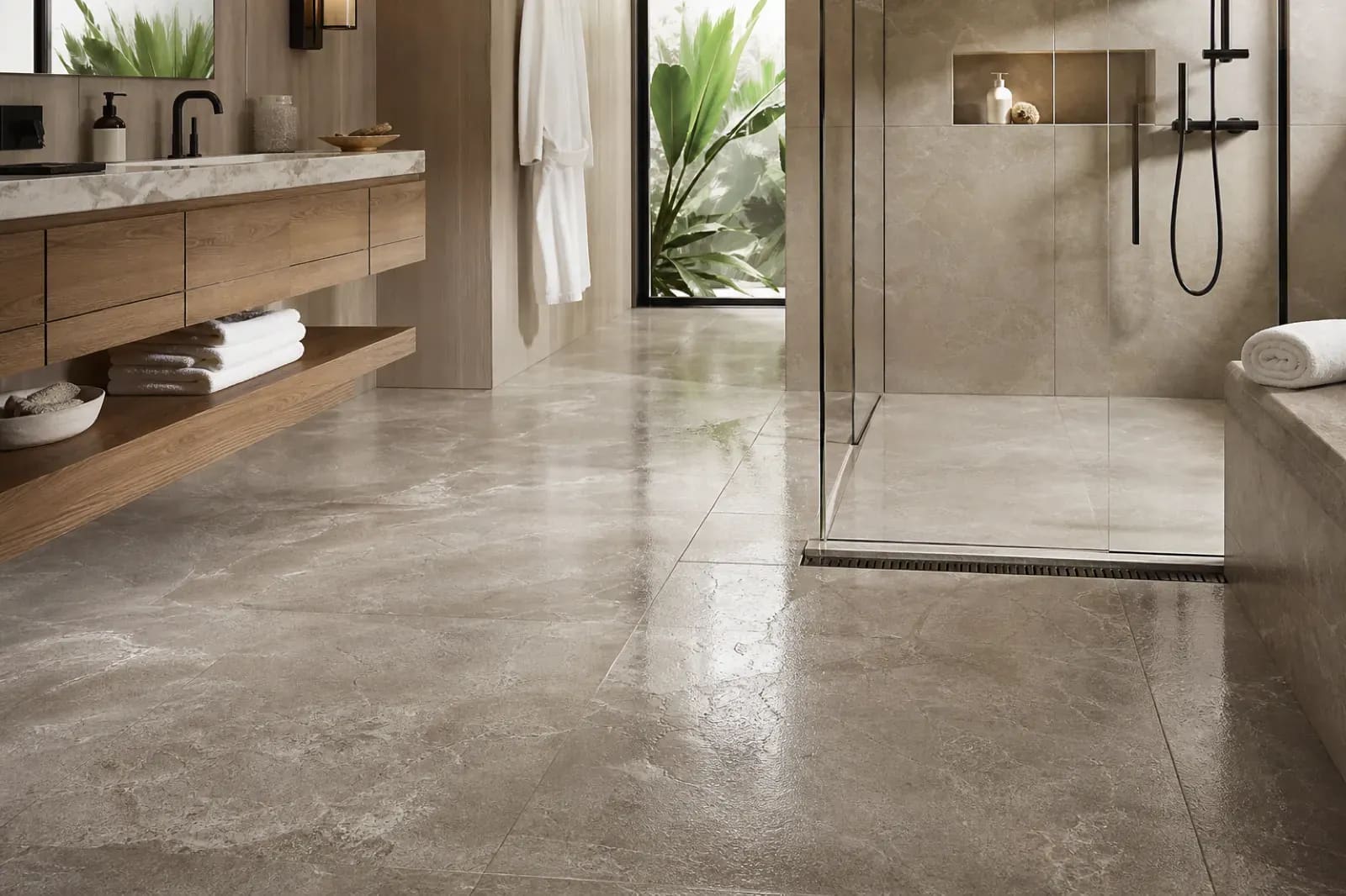 Wet polished marble bathroom floor after anti-slip treatment