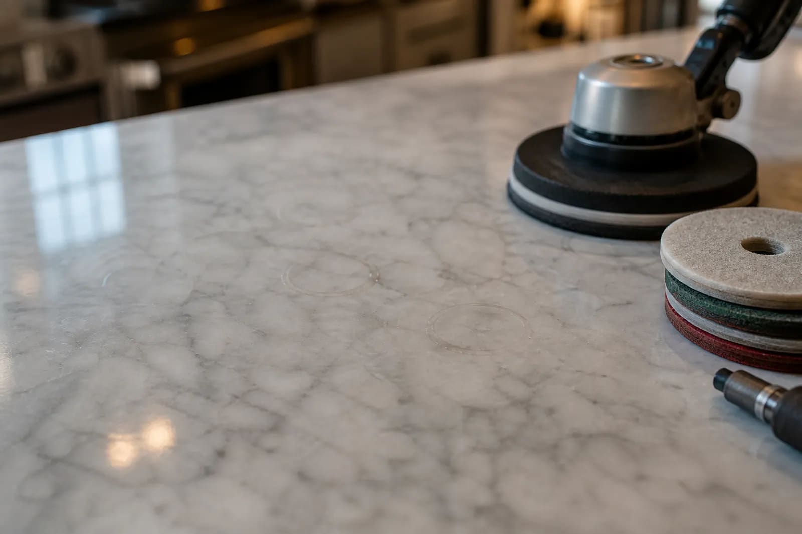 Marble countertop etch rings beside professional honing equipment