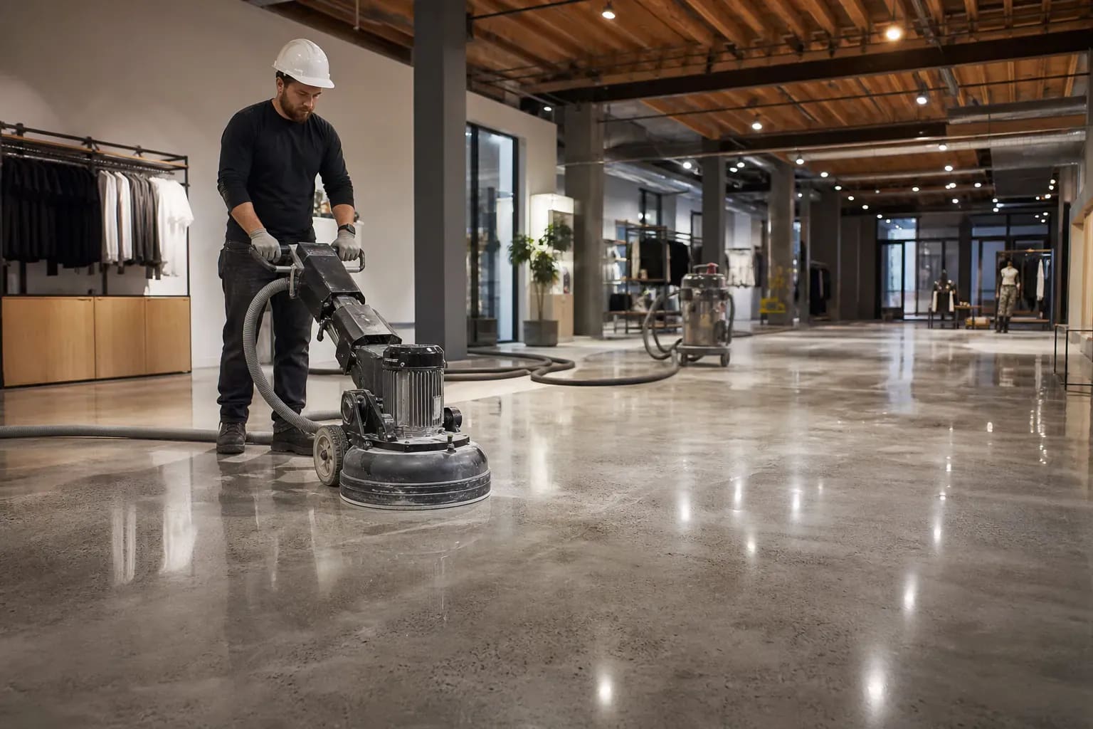 Diamond polishing equipment restoring a glossy grey concrete floor in a modern commercial space