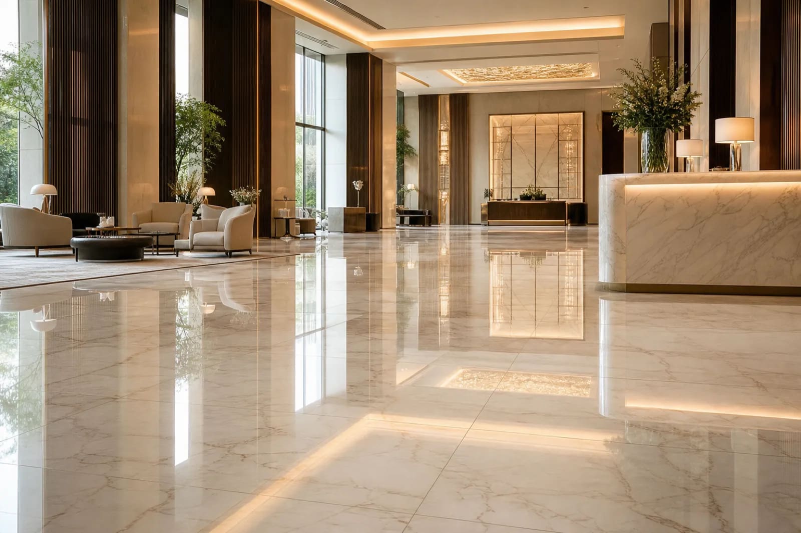 Polished marble lobby floor reflecting light after professional diamond polishing