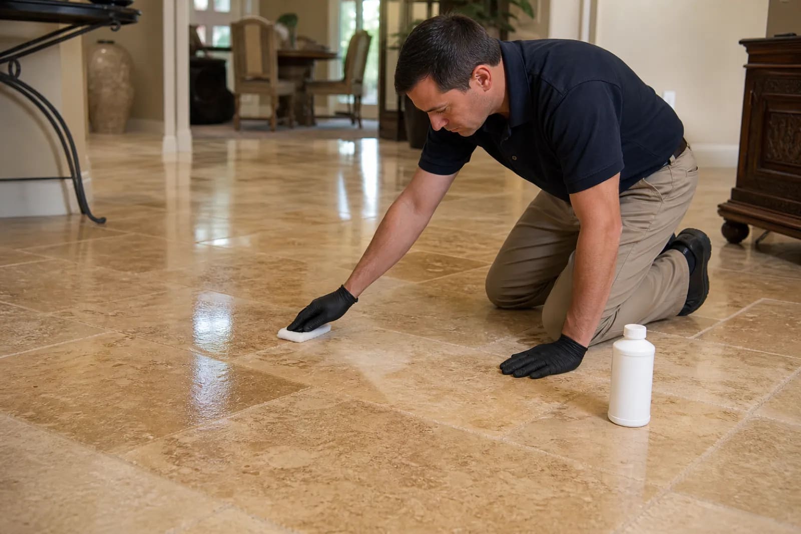 Sealer being applied to travertine flooring