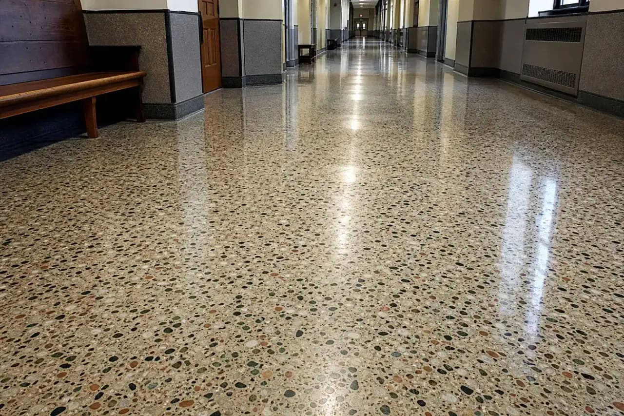 Restored terrazzo corridor with exposed aggregate and high gloss