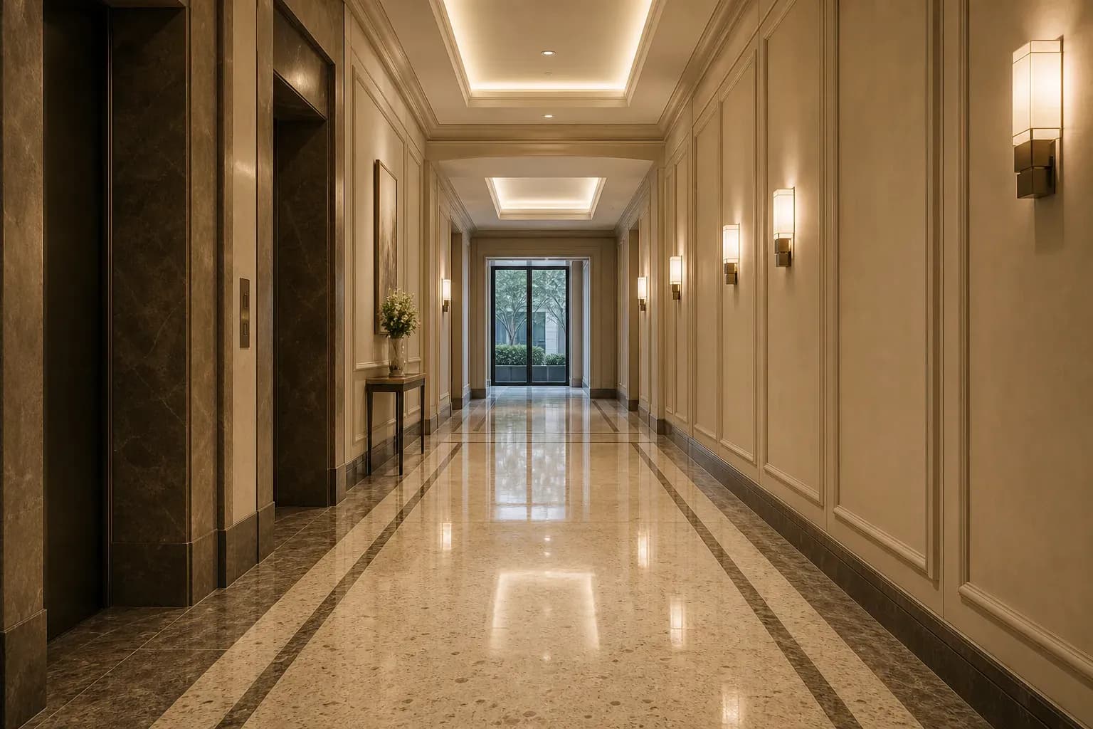Polished terrazzo corridor floor in a condo or hotel building
