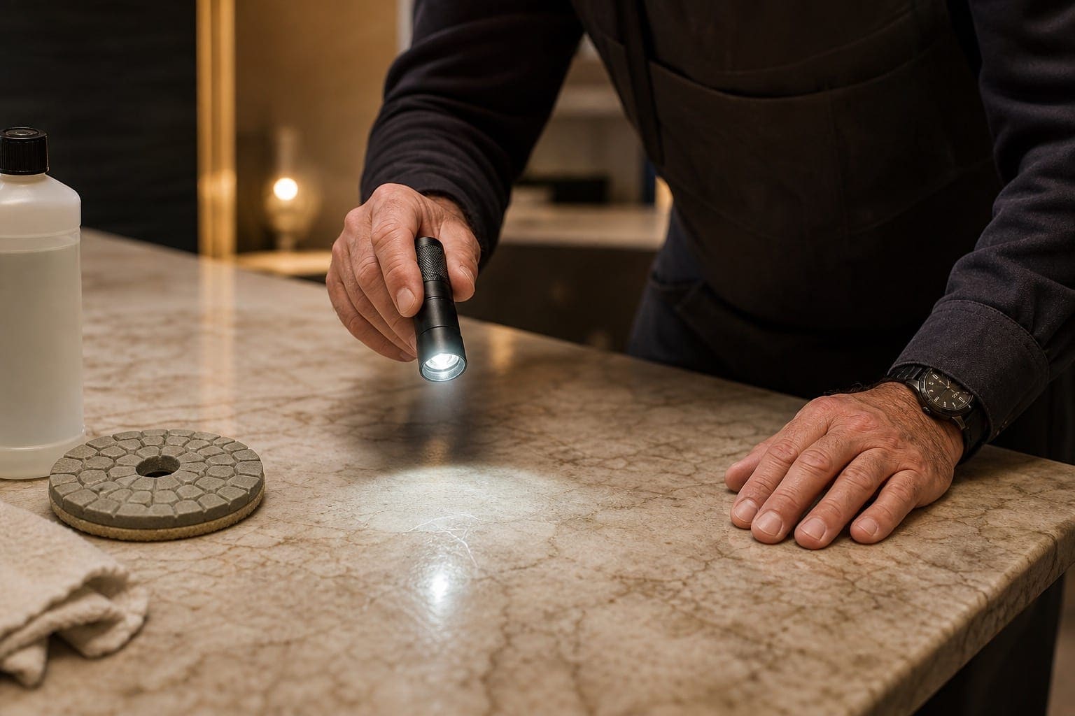Technician shining a flashlight across a stone countertop to check the finish