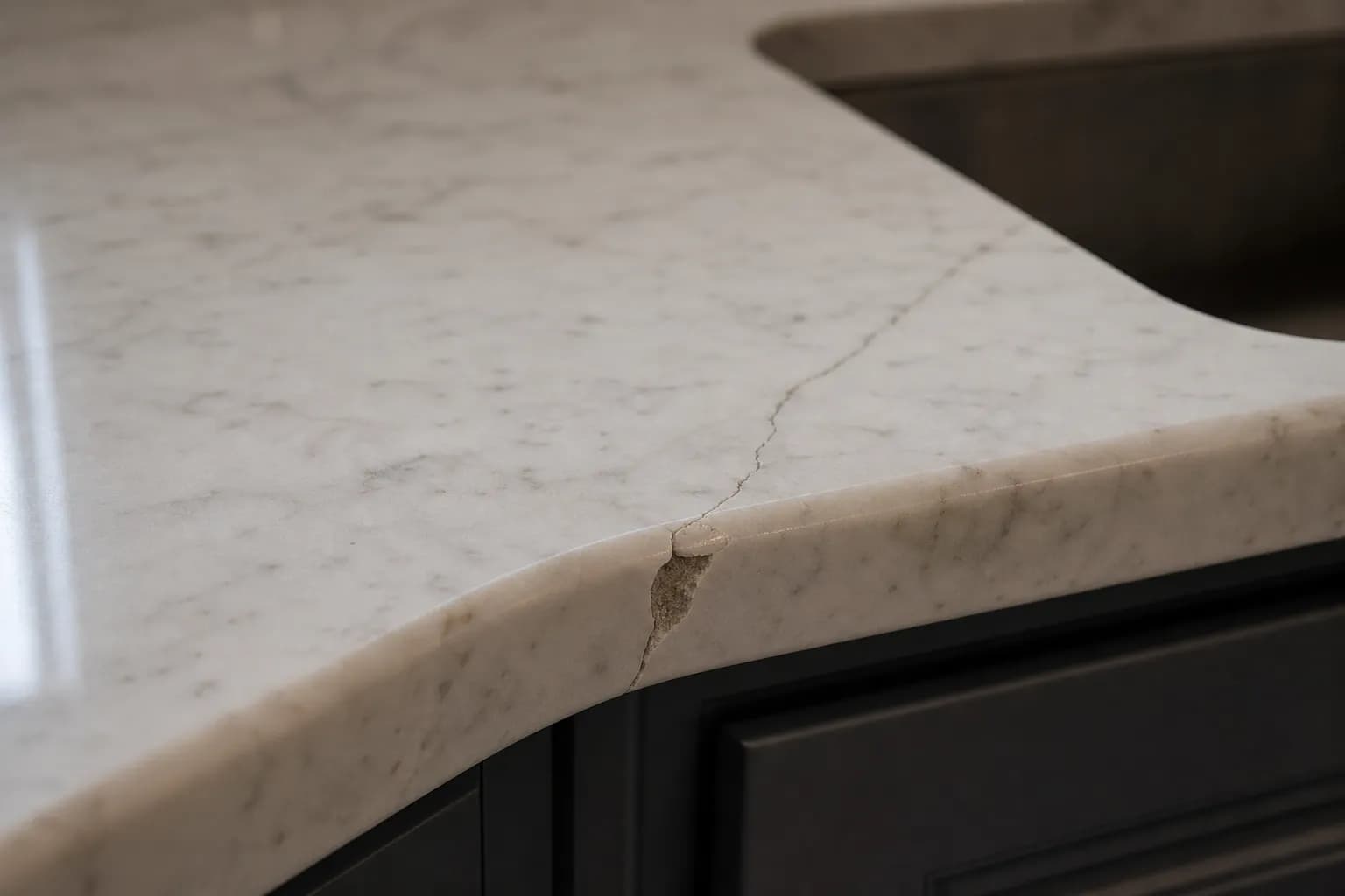 Chipped corner and hairline crack on a marble countertop edge