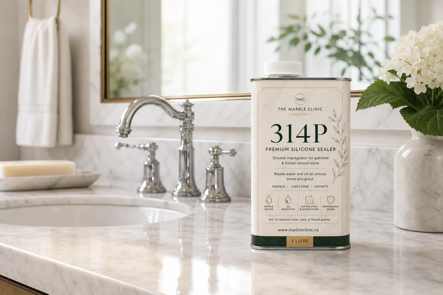 314P Premium Silicone Sealer on marble bathroom vanity