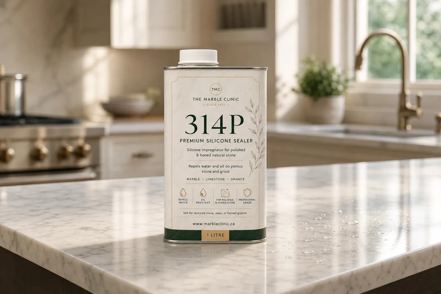 314P Premium Silicone Sealer on polished marble kitchen island with water beading
