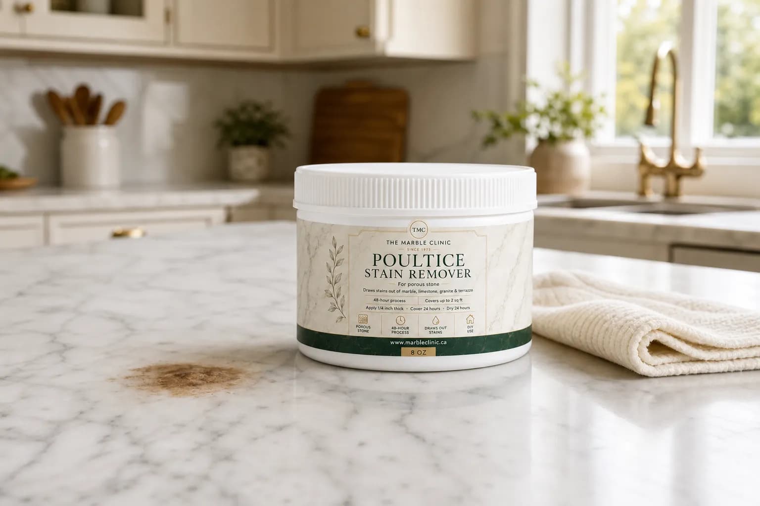 Poultice Stain Remover on marble kitchen counter beside an absorbed coffee stain