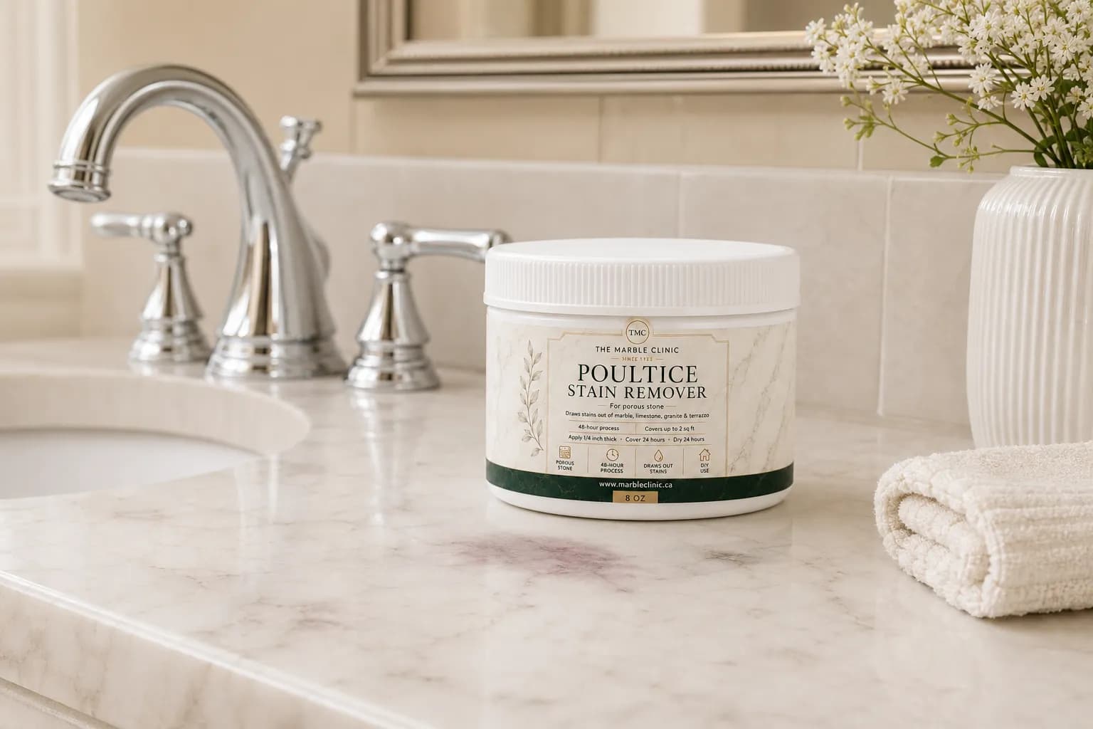 Poultice Stain Remover on marble bathroom vanity beside a wine stain shadow