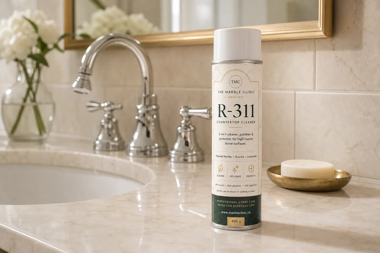 R-311 countertop cleaner on marble bathroom vanity beside chrome fixtures
