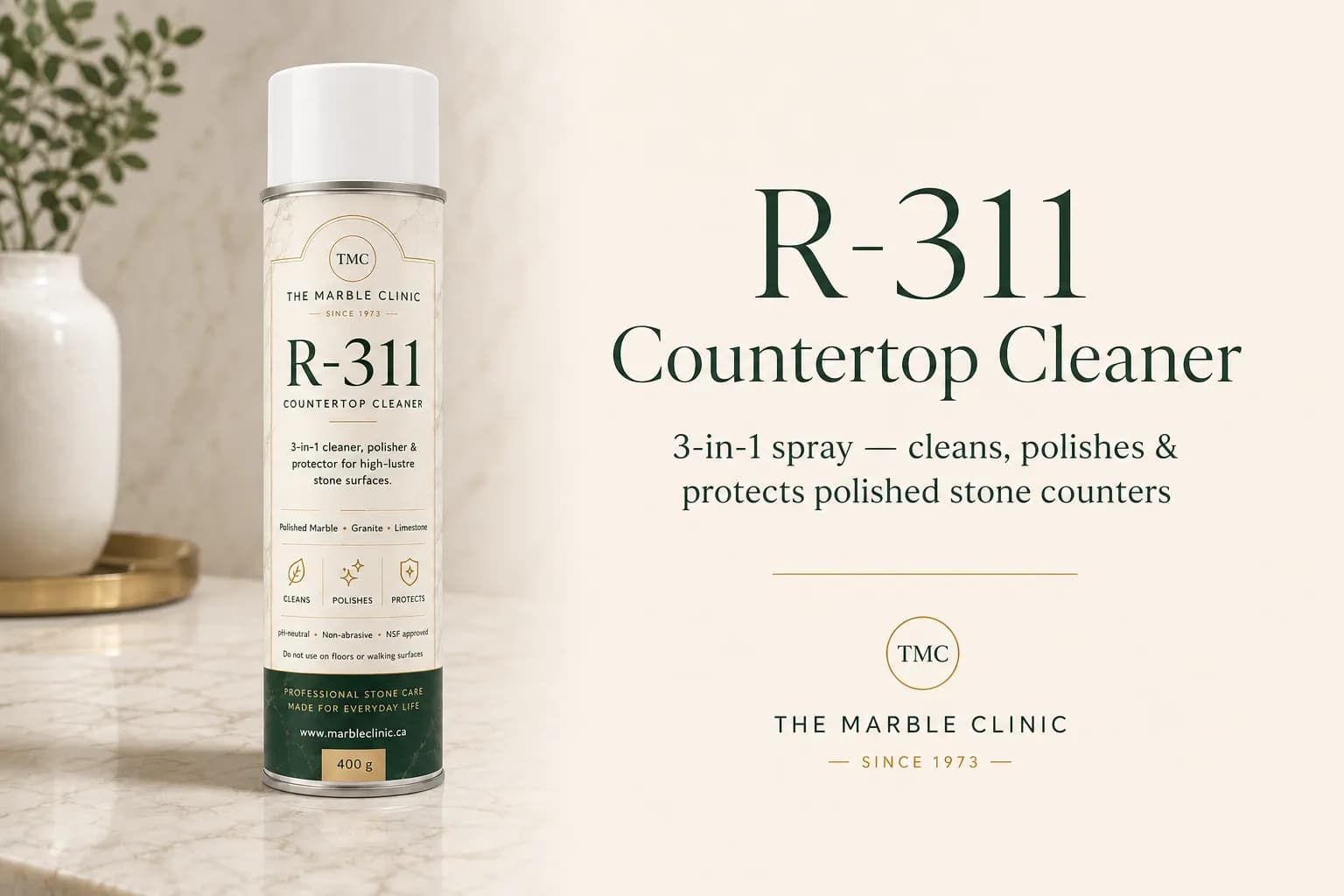 R-311 Countertop Cleaner, a 3-in-1 spray for polished marble, granite, and limestone counters