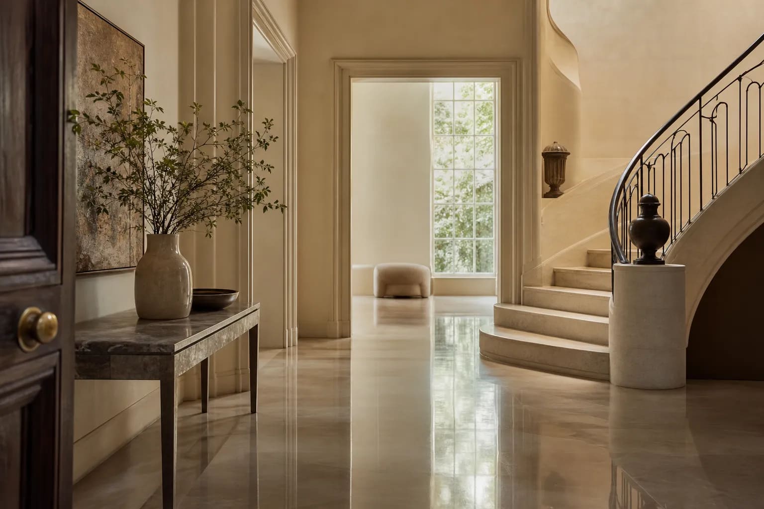 Polished marble entry floor and staircase in a restored GTA home