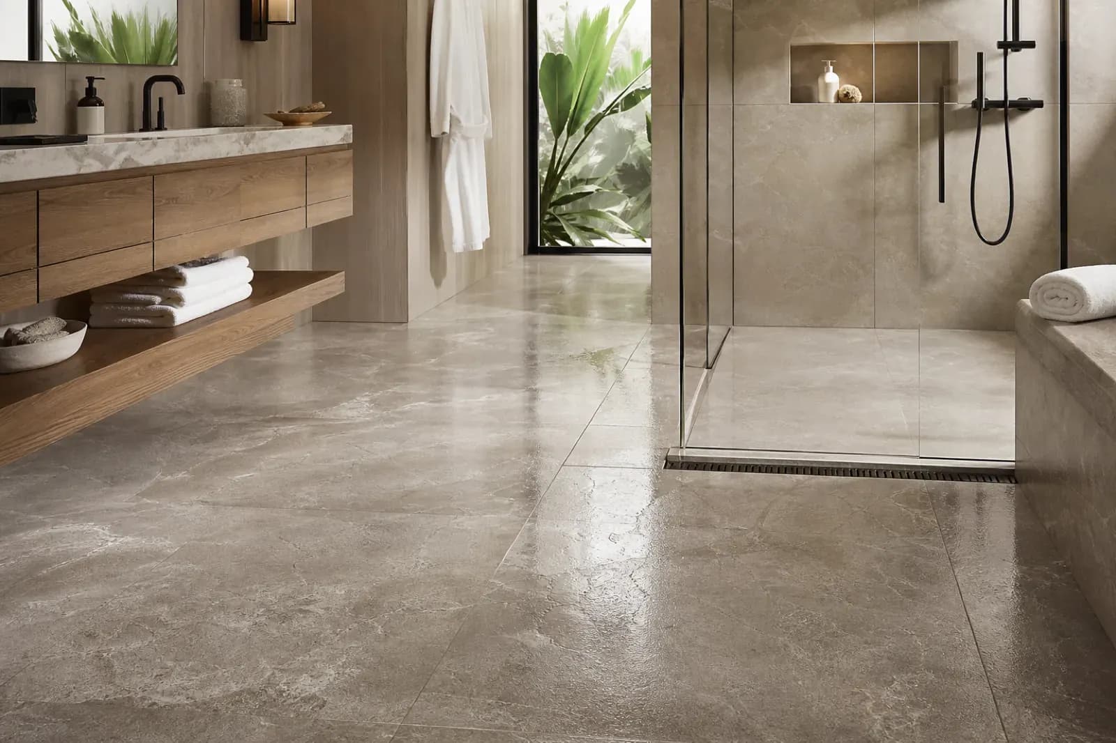 Wet polished marble bathroom floor after anti-slip treatment