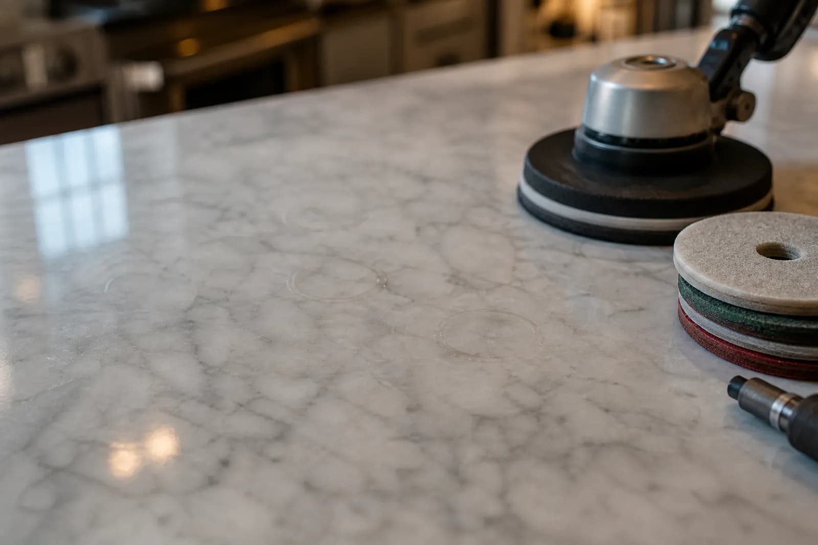 Marble countertop etch rings beside professional honing equipment
