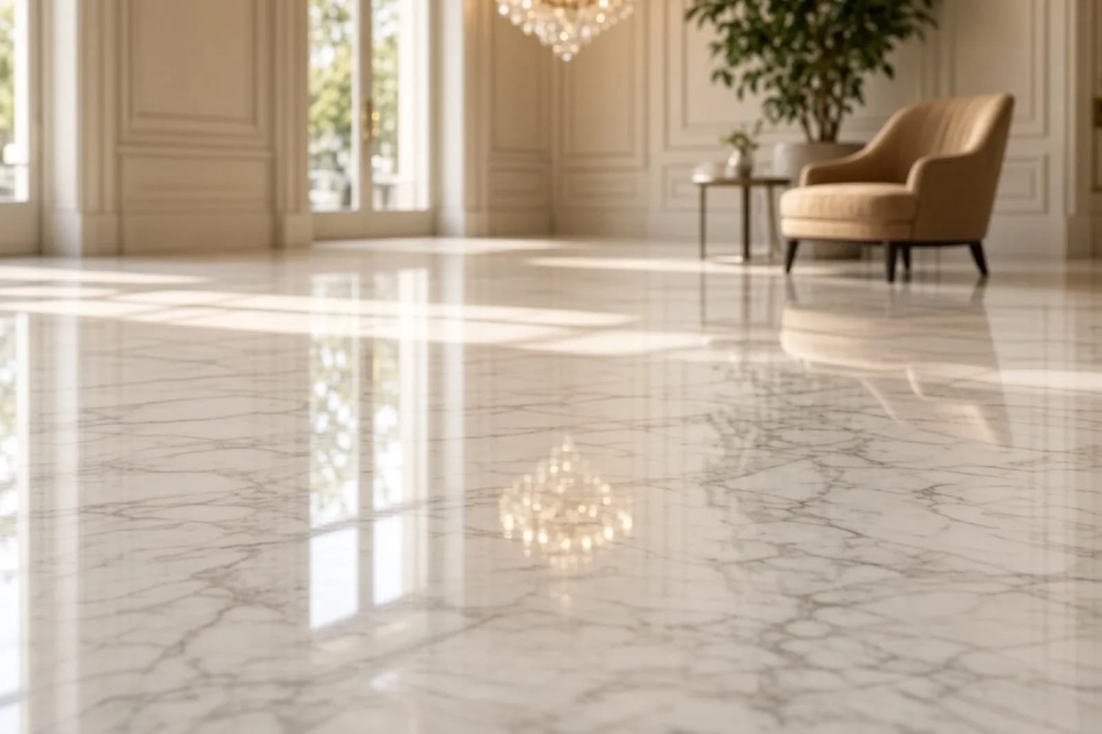 Polished marble lobby floor with an even high-gloss reflection