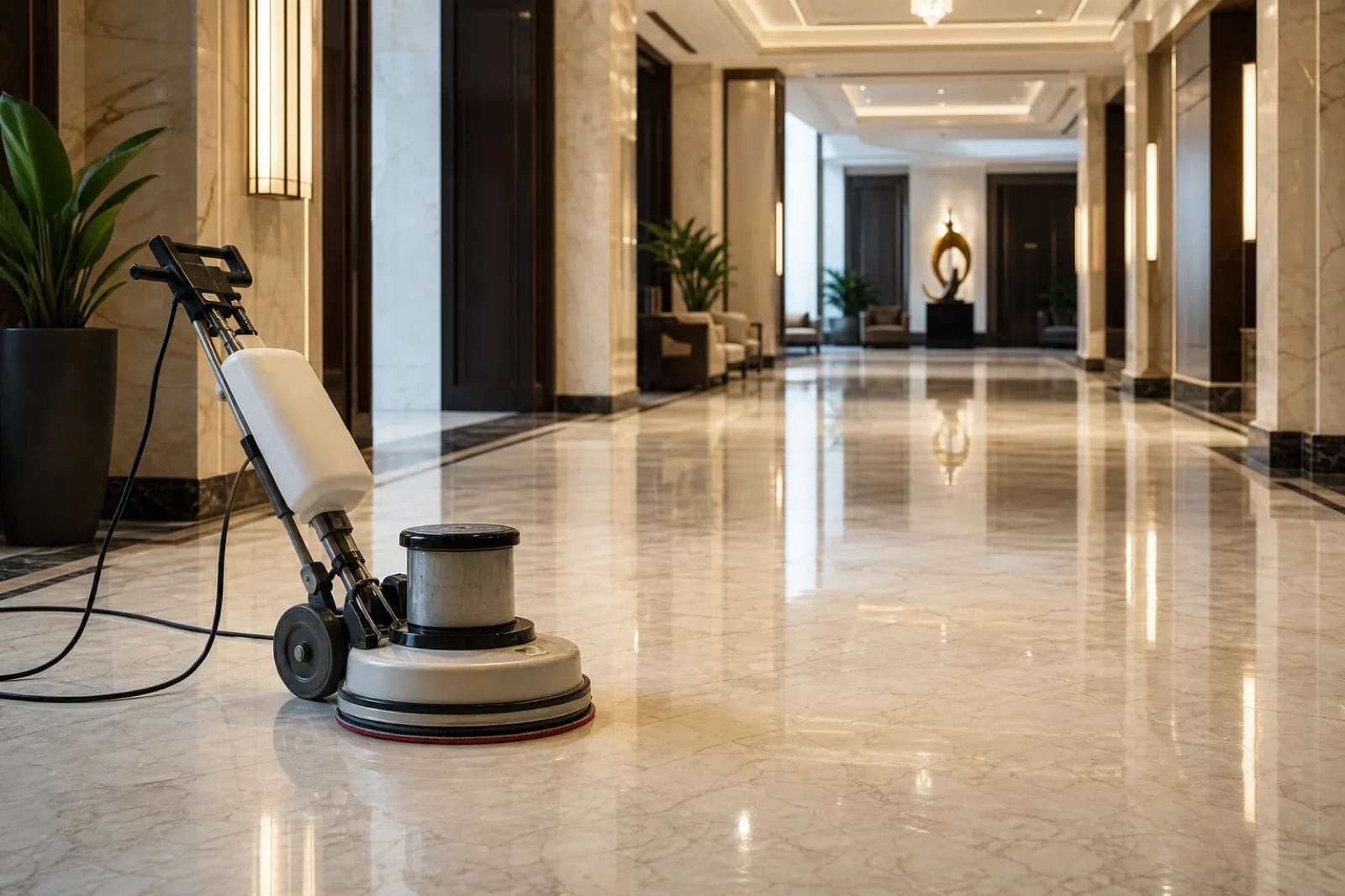 Diamond polishing equipment on a gleaming marble hotel lobby floor