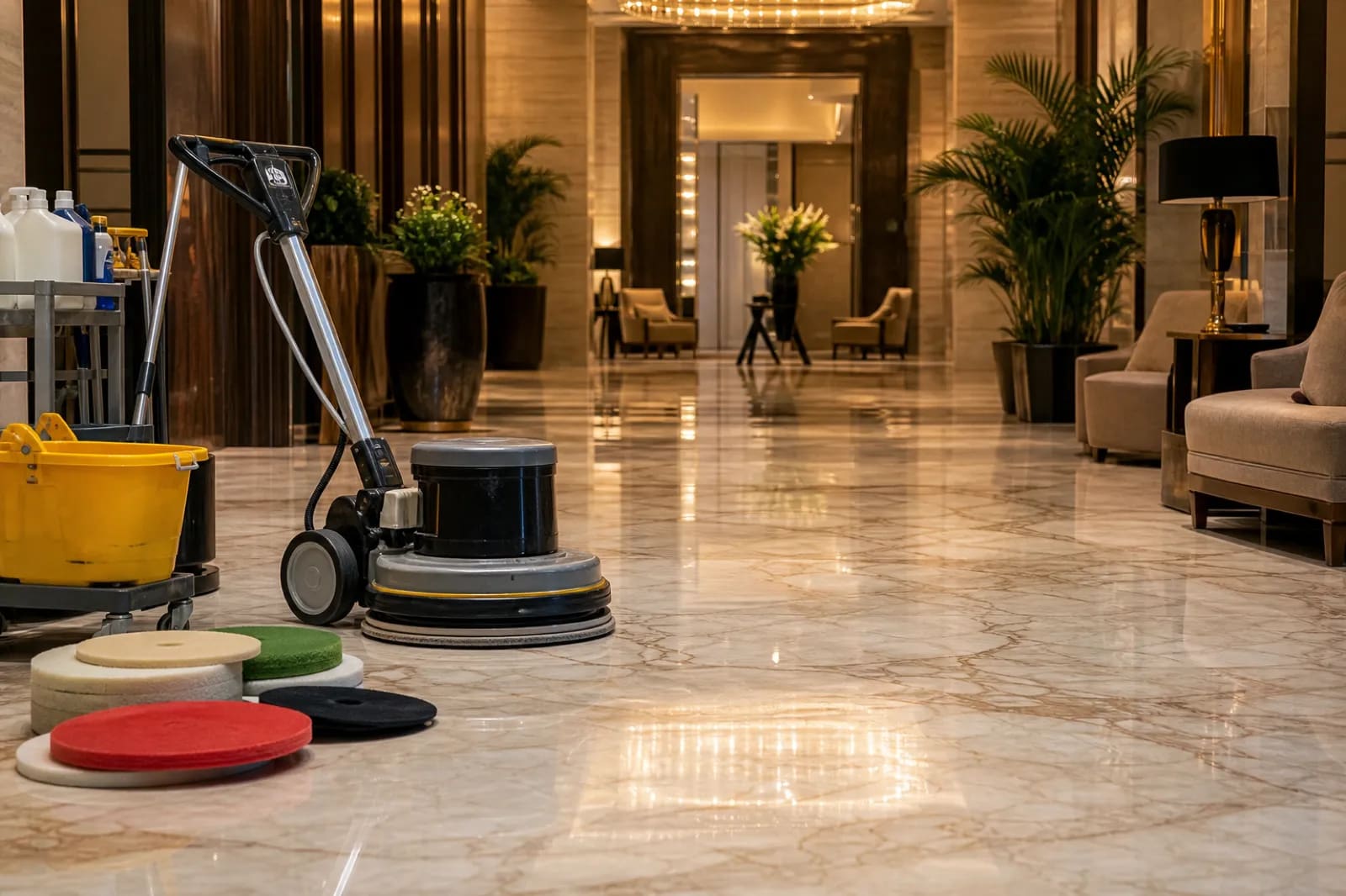 Stone-safe maintenance equipment on a polished marble hotel lobby floor