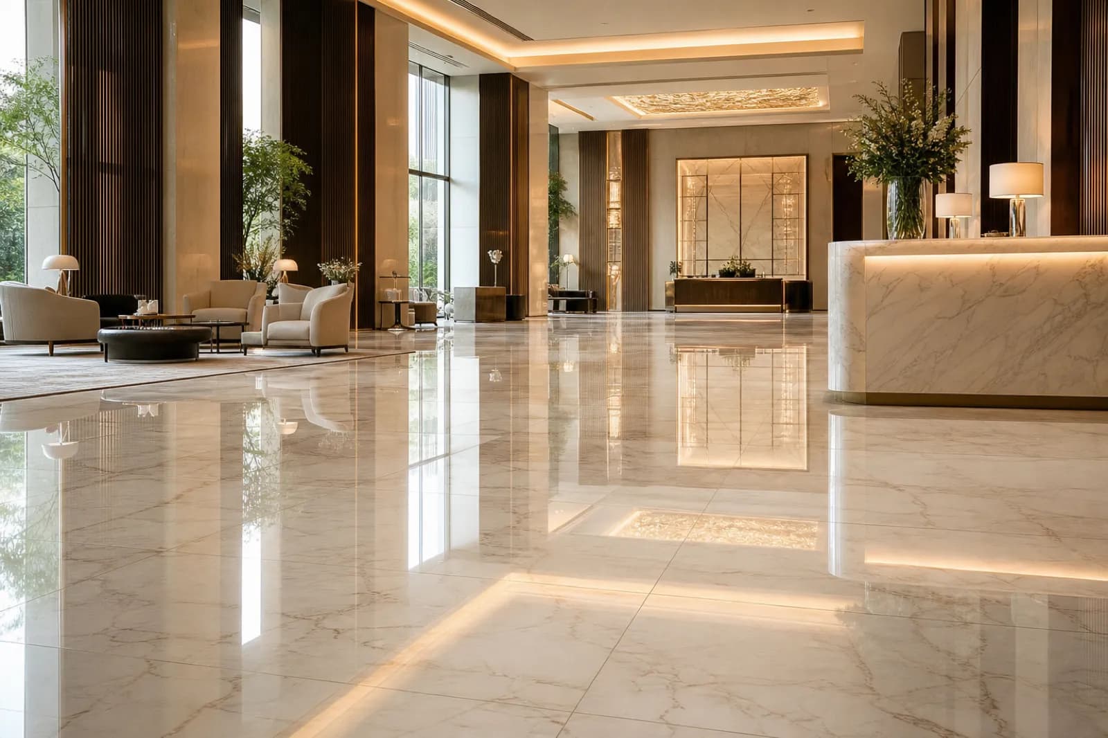 Polished marble lobby floor reflecting light after professional diamond polishing