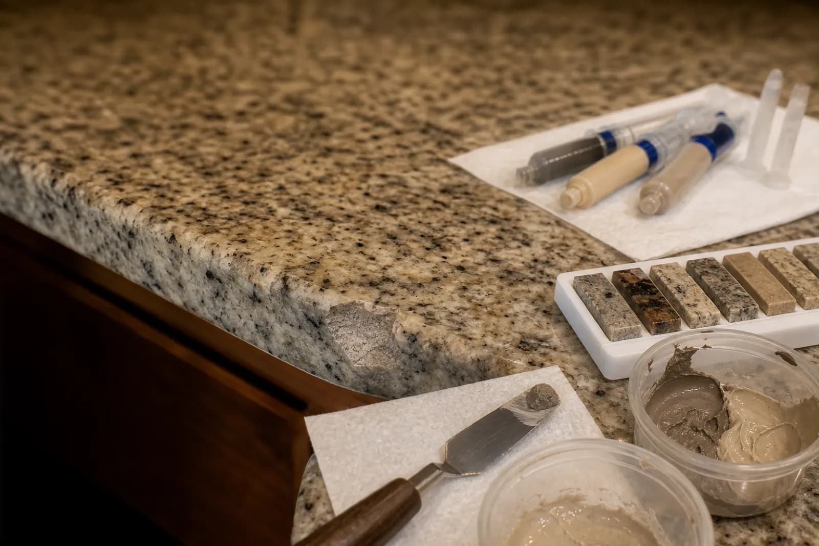 Granite countertop edge chip being colour-matched and repaired