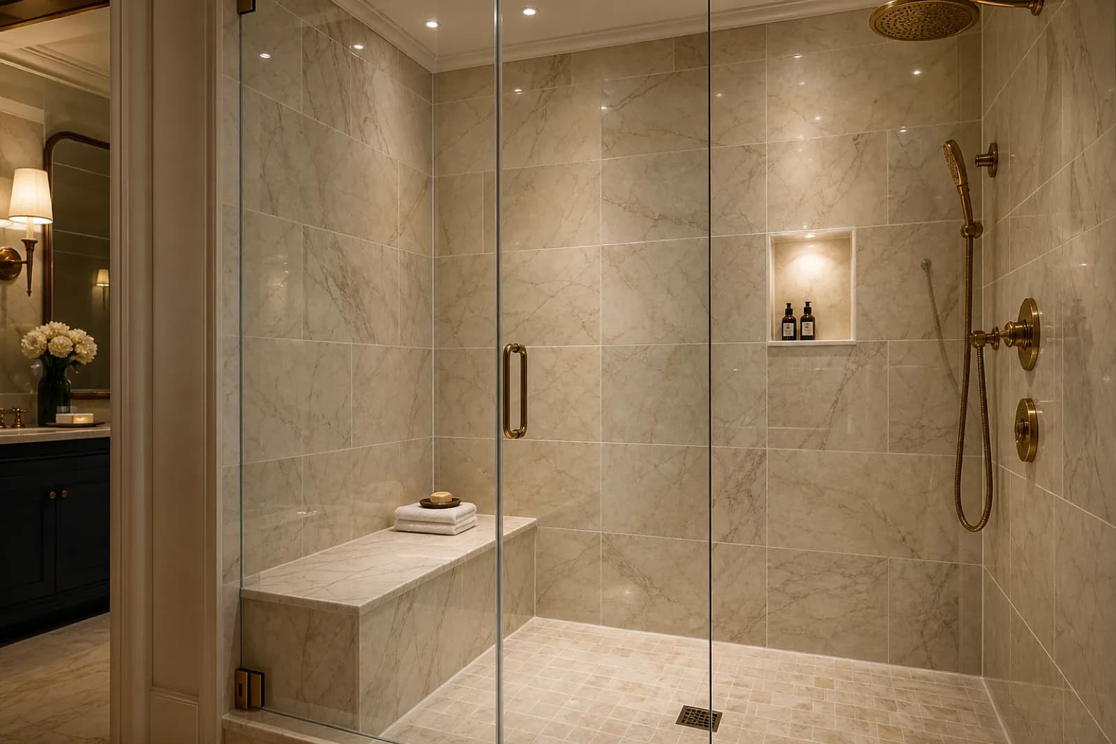 Restored marble shower with clean grout lines and fresh caulk