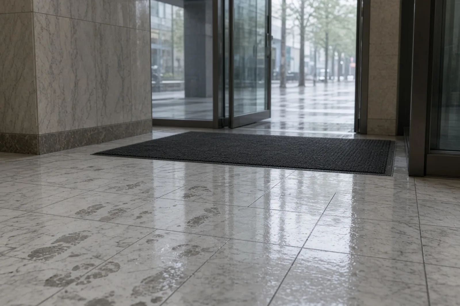 Wet marble lobby entry with rain tracks on the stone
