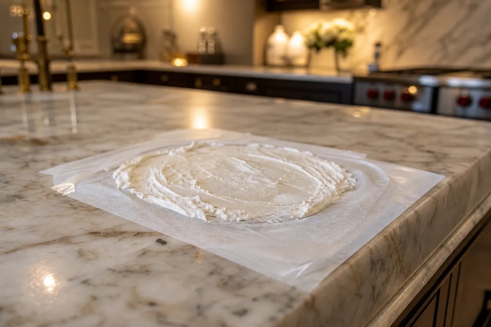 Professional poultice stain removal treatment on a marble countertop