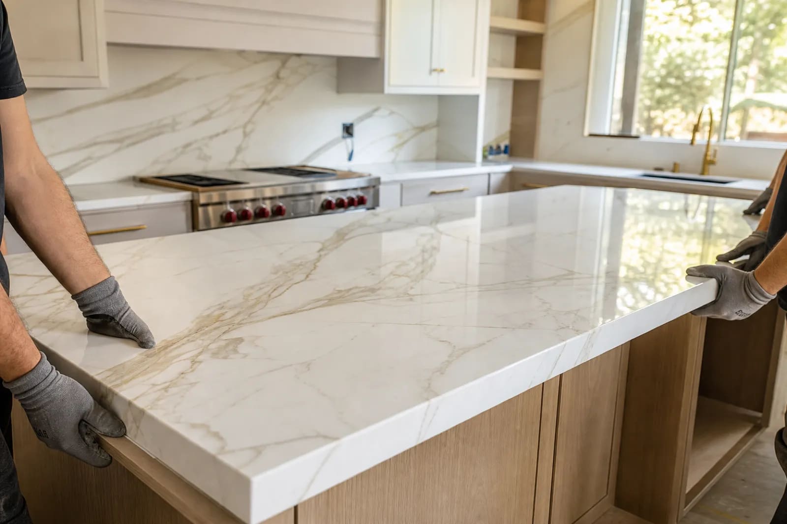New marble kitchen countertop being installed during renovation