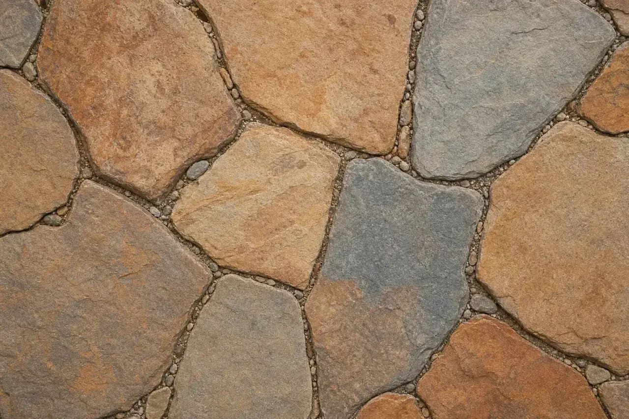 Natural flagstone patio pavers in warm sandstone tones