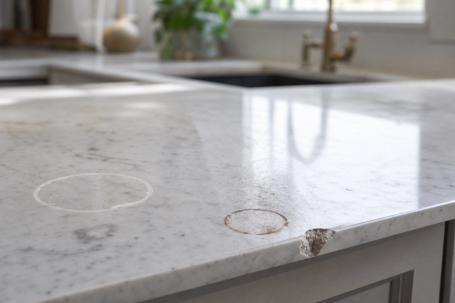 Marble countertop with etch rings, stains, and signs of wear