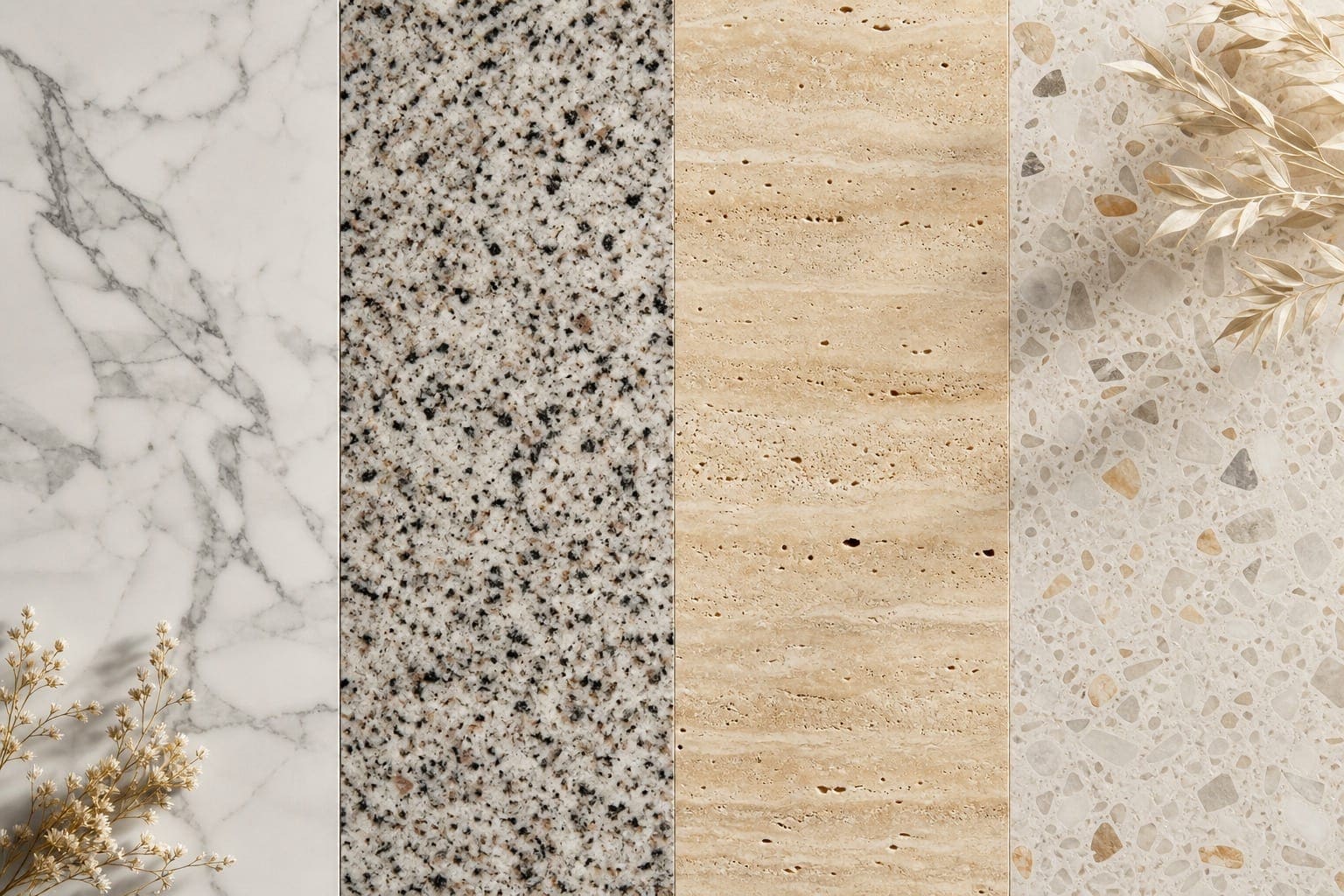Marble, granite, travertine, and terrazzo stone samples with distinct colours and finishes